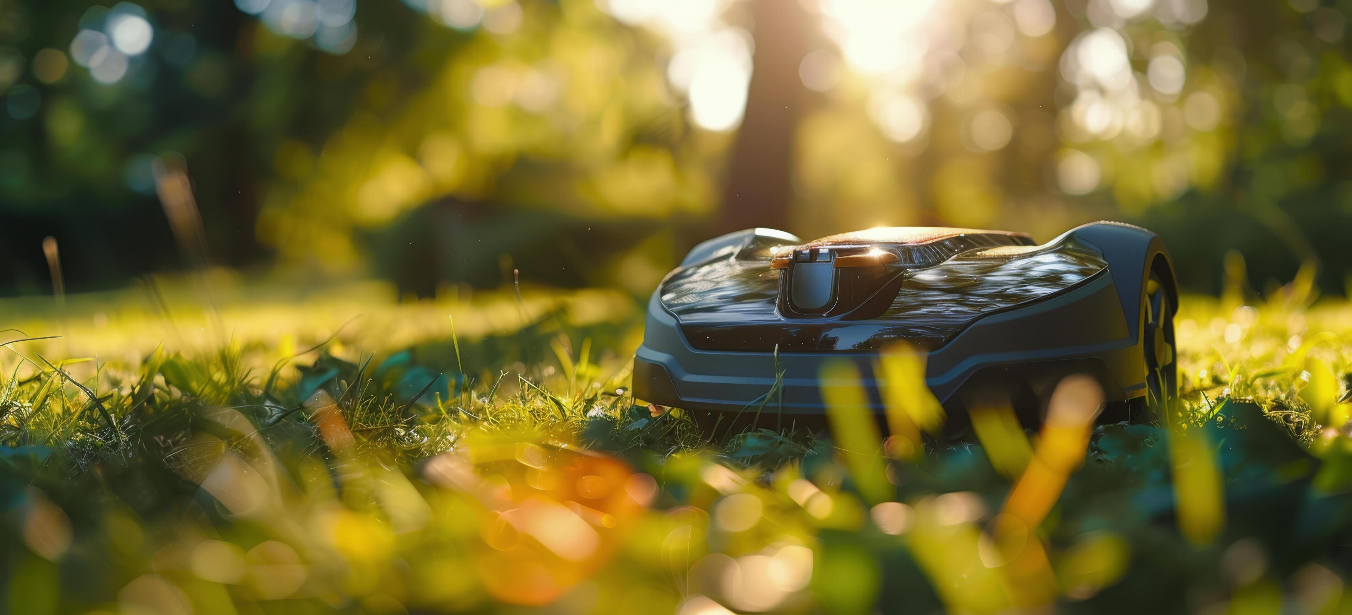 Robotic Lawn Mower Resting in Grassy Backyard During Sunset Stock Free