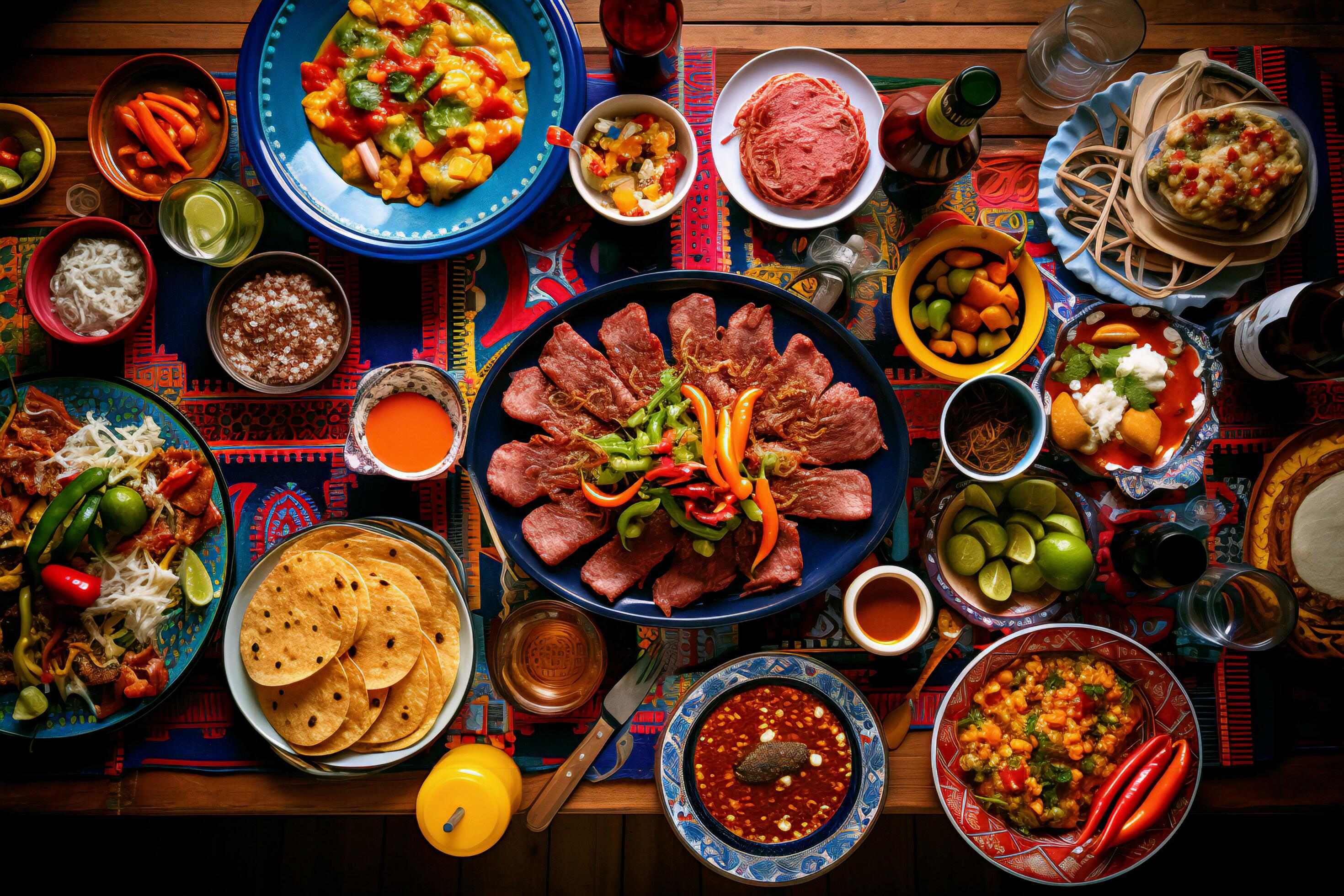 Vibrant Hispanic Heritage Family Celebration with Delicious Food – AI generated Stock Free