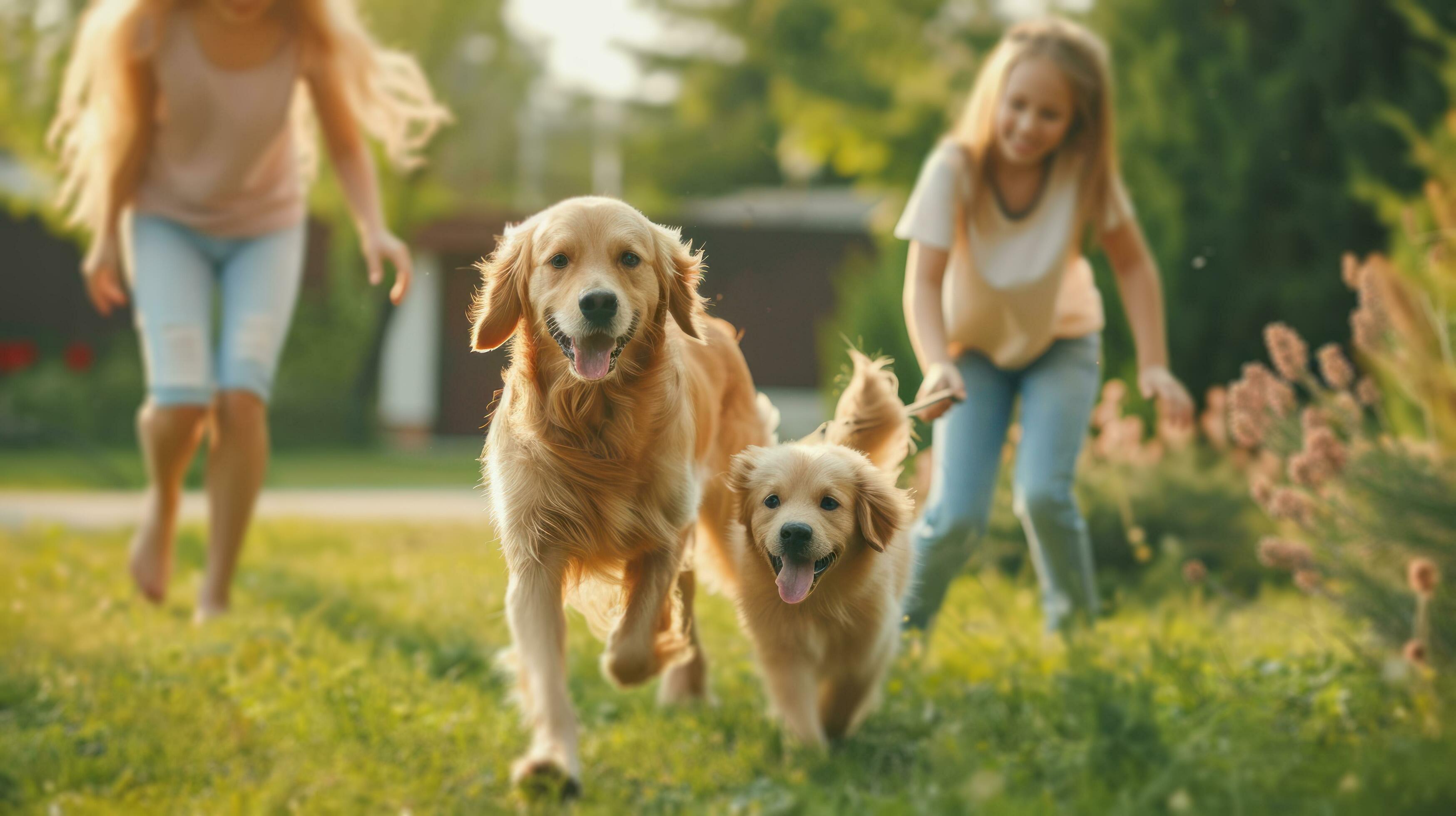 AI generated beautiful advertisment photo of happy beautiful family playing with dog in garden with copy space Stock Free