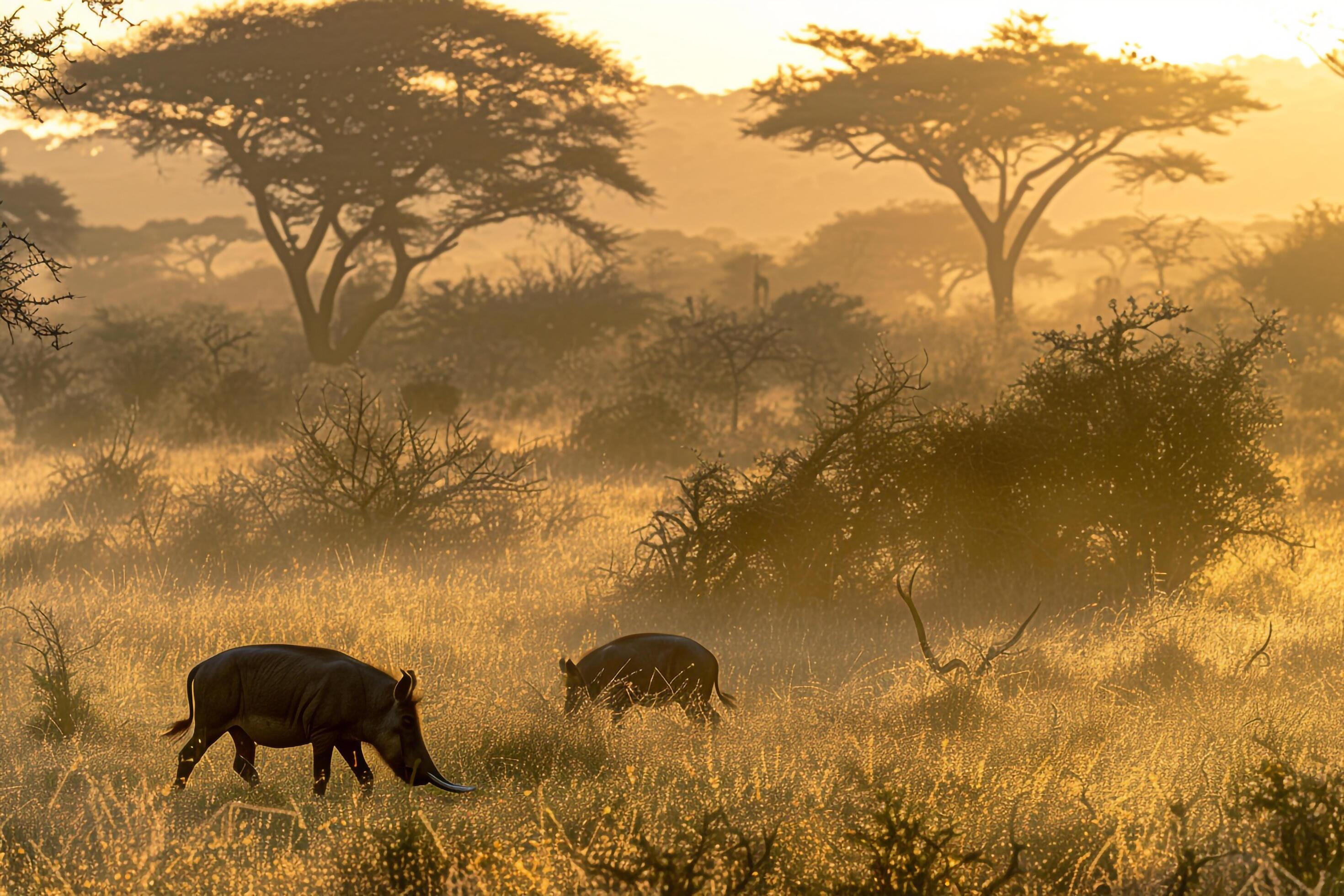 family of warthogs grazing peacefully in the African savannah at dawn nature background Stock Free