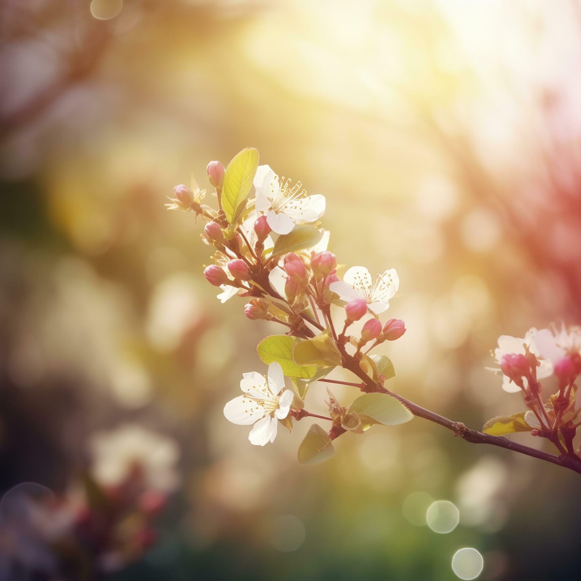 Beautiful nature scene with blooming flowers tree and sun flare, Beautiful Orchard , generat ai Stock Free