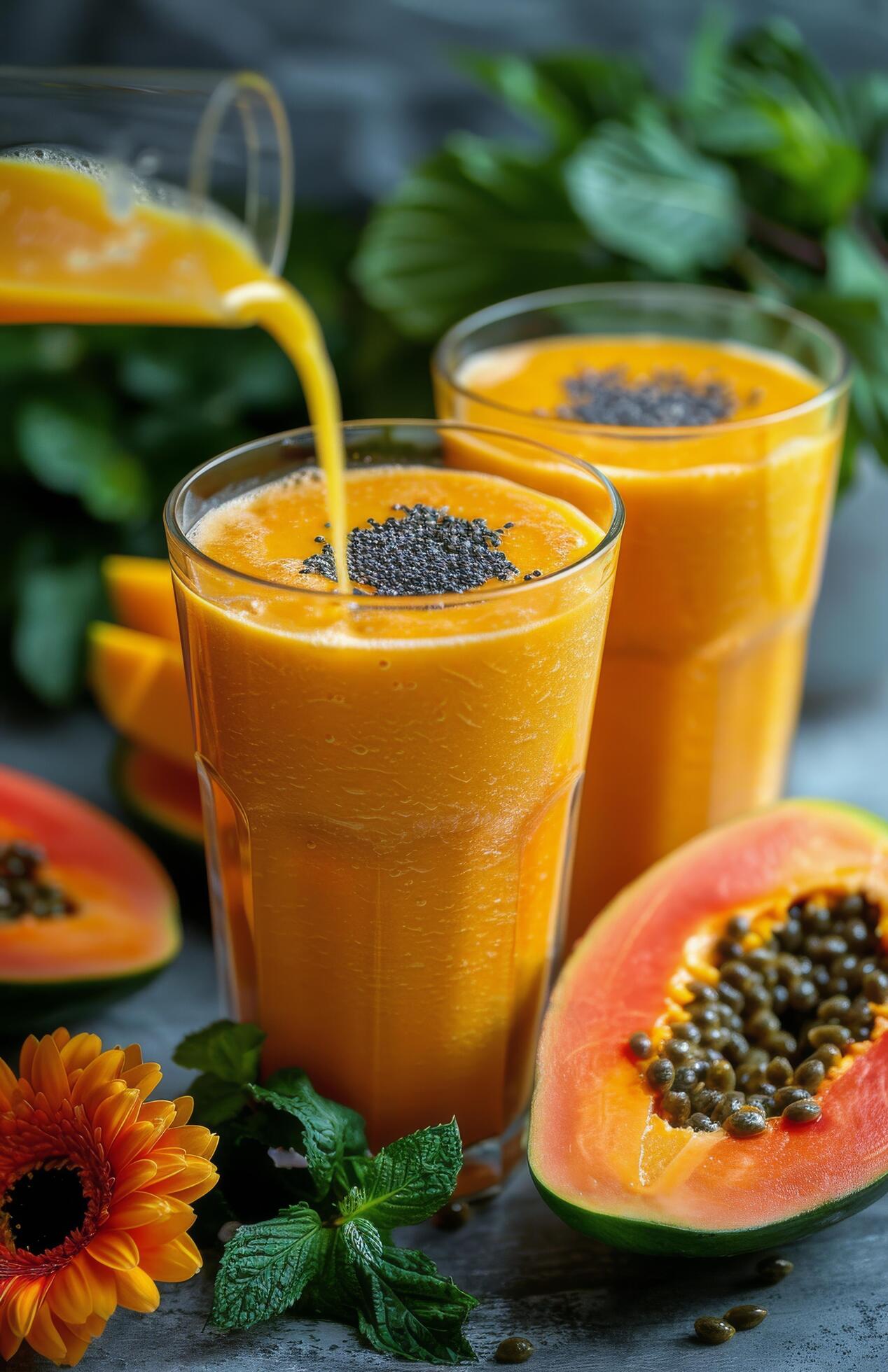 Fresh Papaya Smoothie Being Poured Into Glass on Tabletop Stock Free