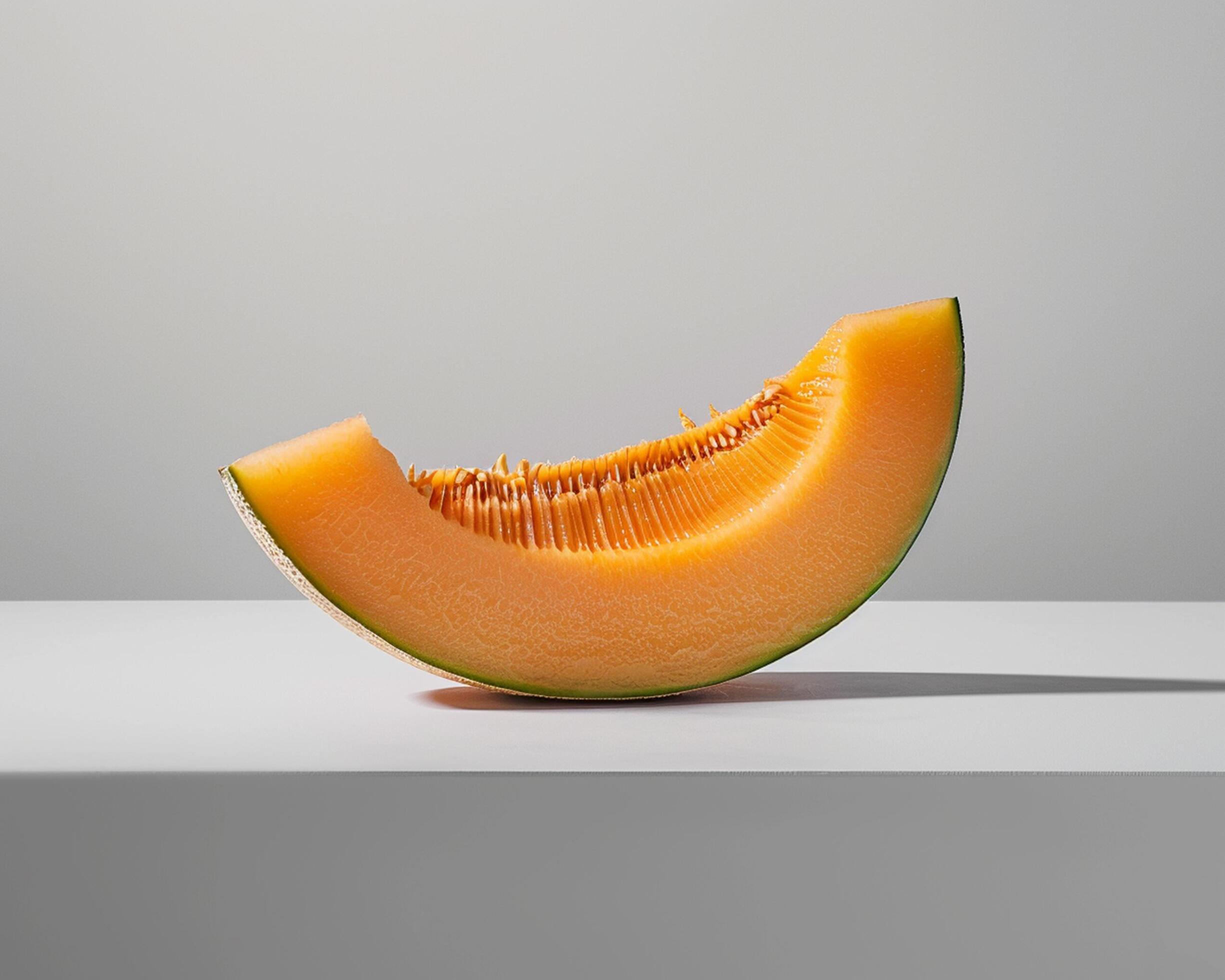 A piece of melon on a white surface Stock Free