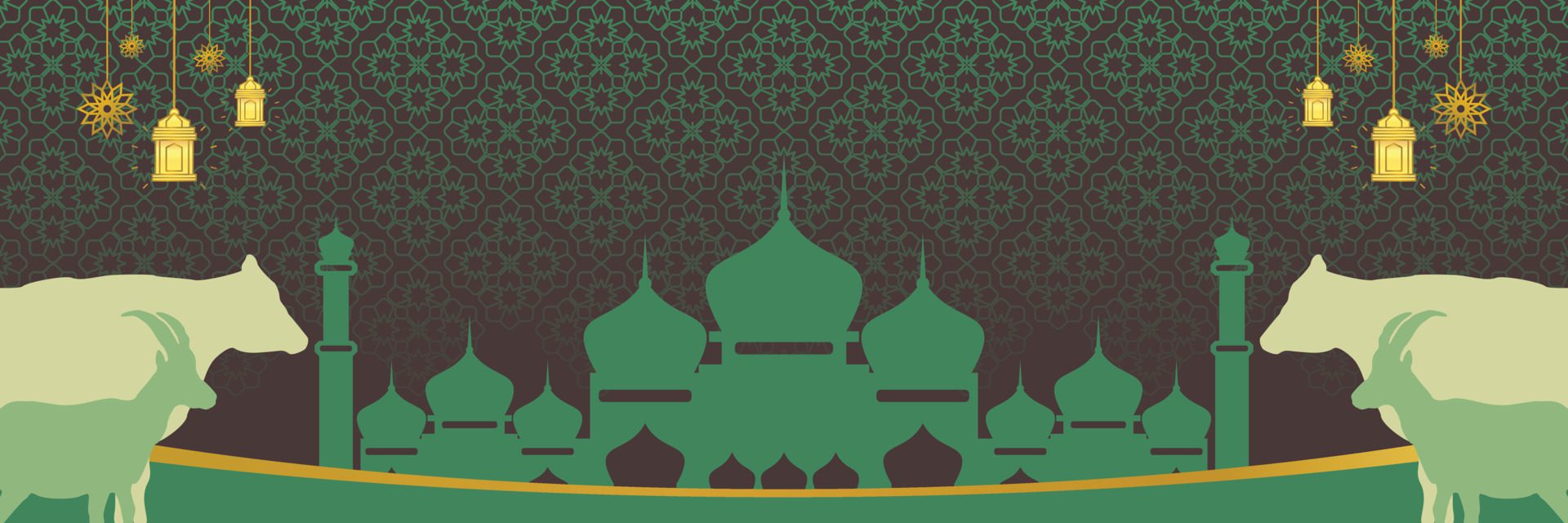 Islamic background for Eid al-Adha, with mosque, mandala, cow and goat icons. Banner template with empty space for text. qurban day vector illustration Free Vector and Free SVG