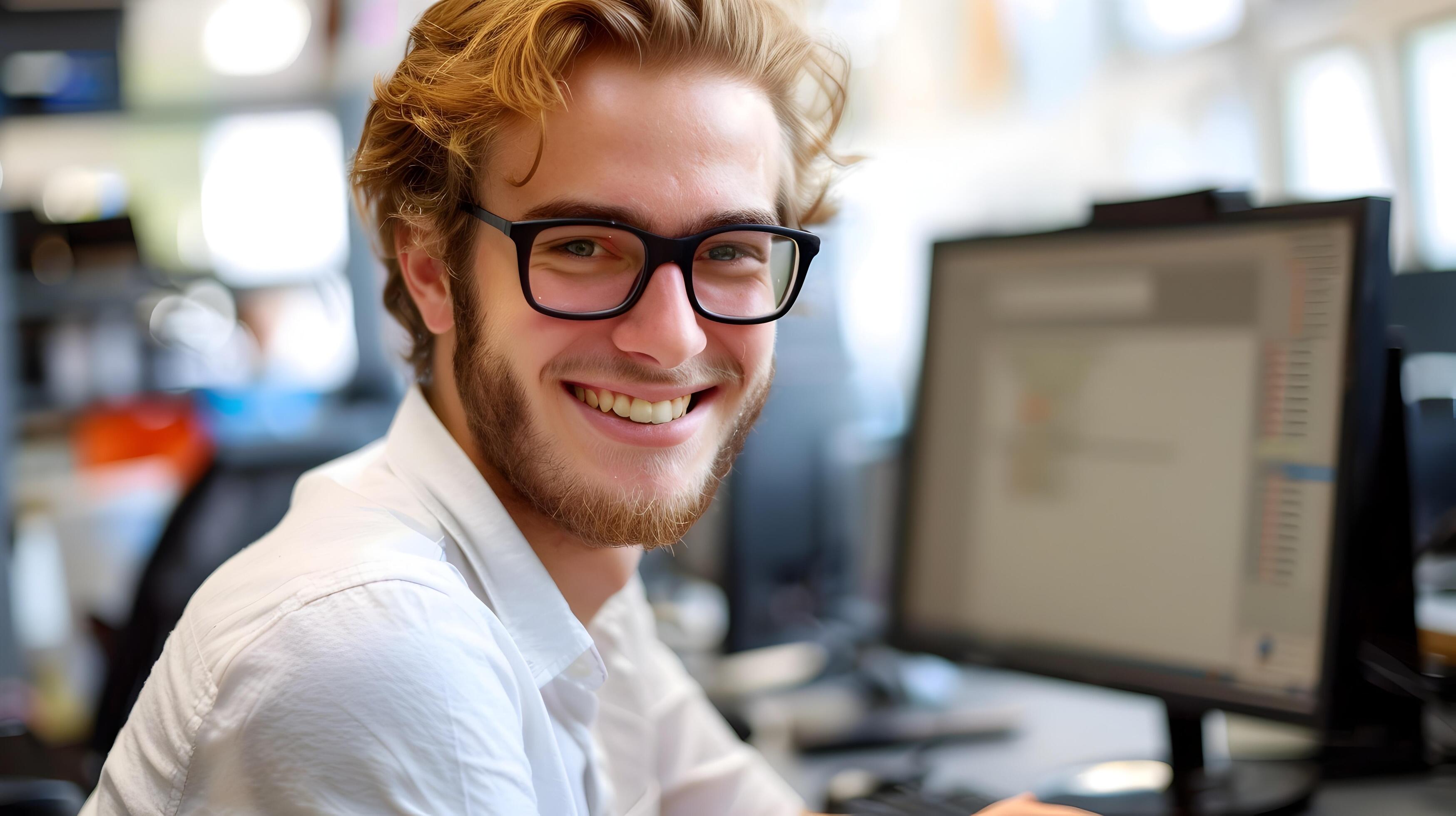 Smiling Young Professional Technician Working Diligently at Computer in Office Stock Free