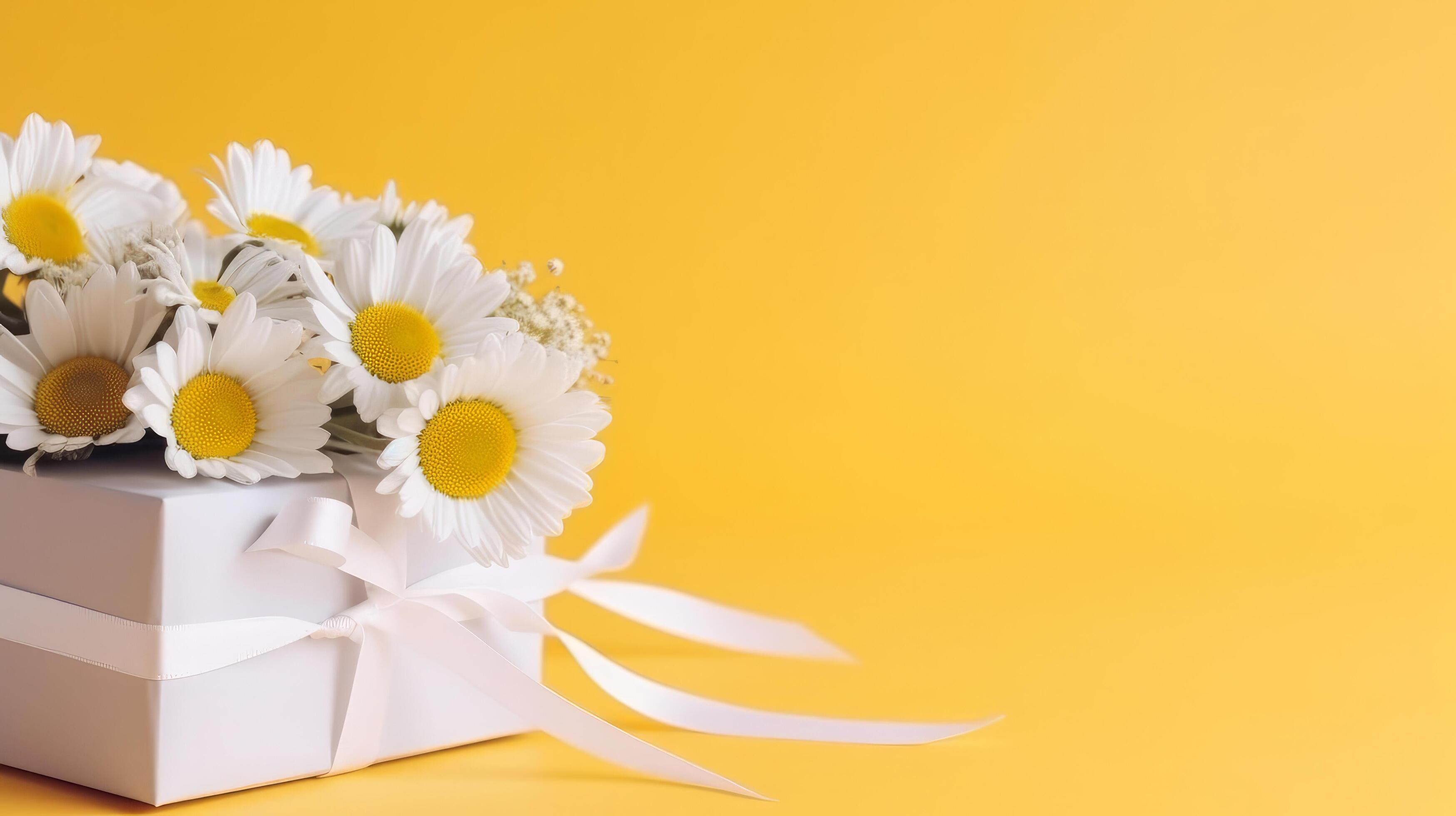 Yellow background with daisy flowers and gift box. Illustration Stock Free