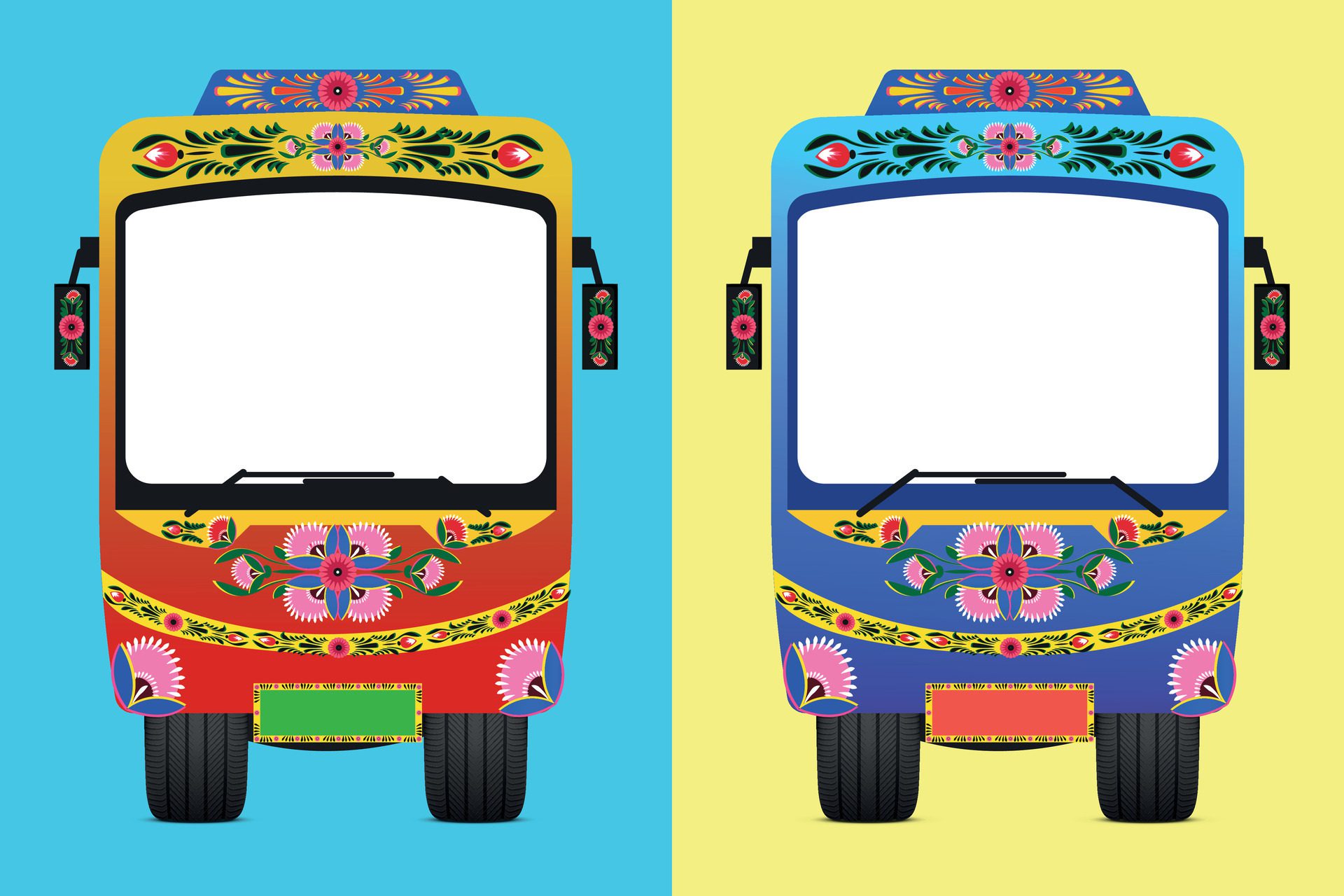 Set of colorful trucks with a colorful flower pattern on the front Free Vector