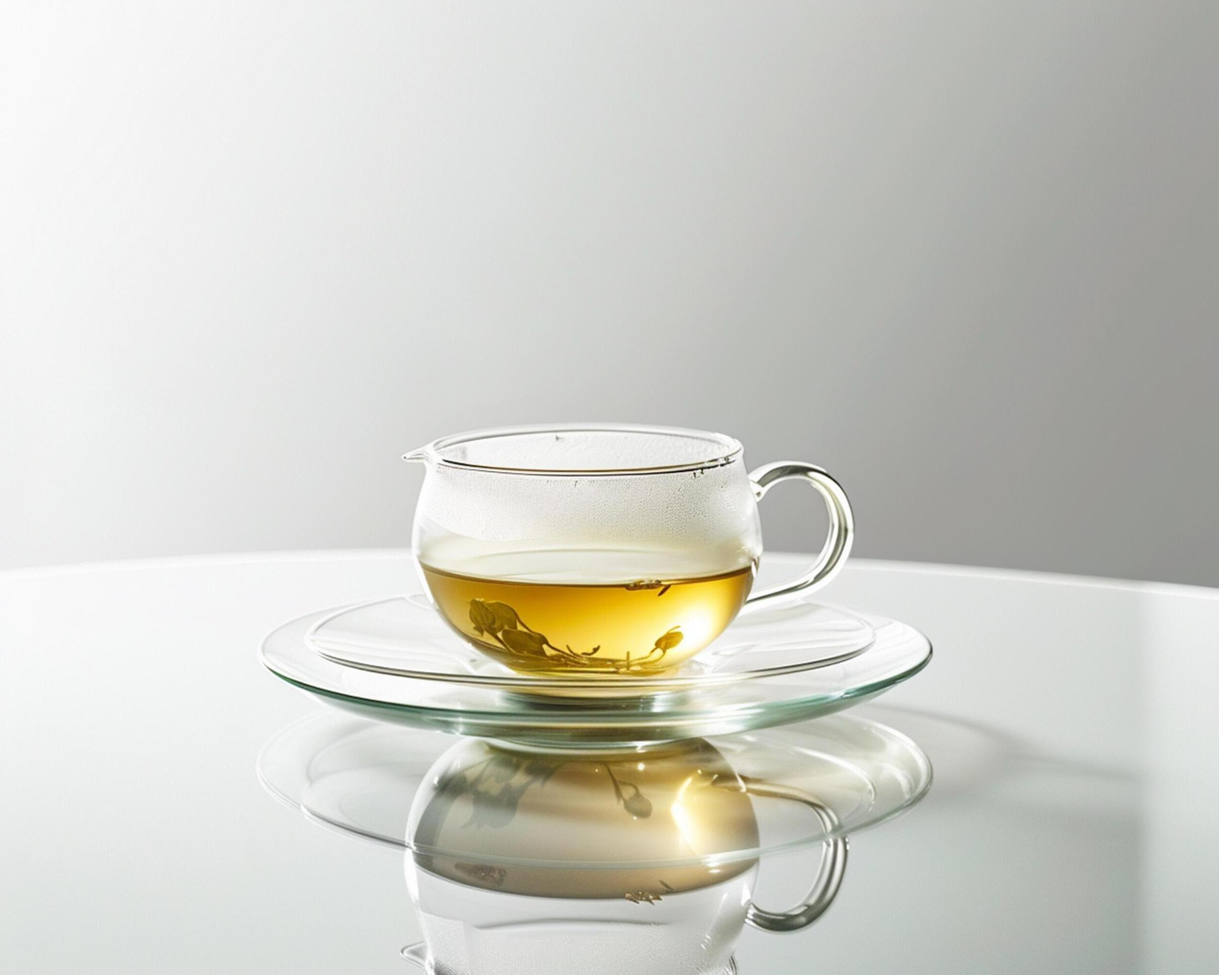 a glass cup with tea sitting on a plate Stock Free