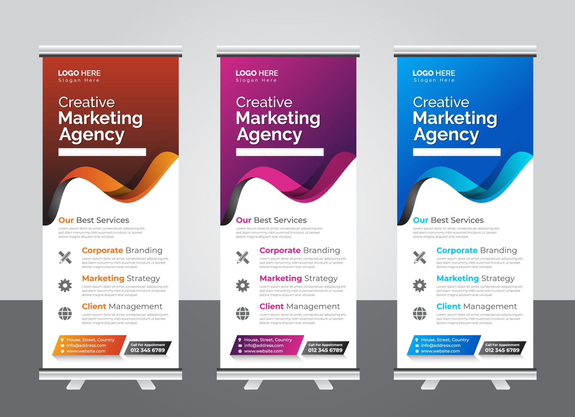 Professional Modern corporate colorful roll up standee banner design template Free Vector