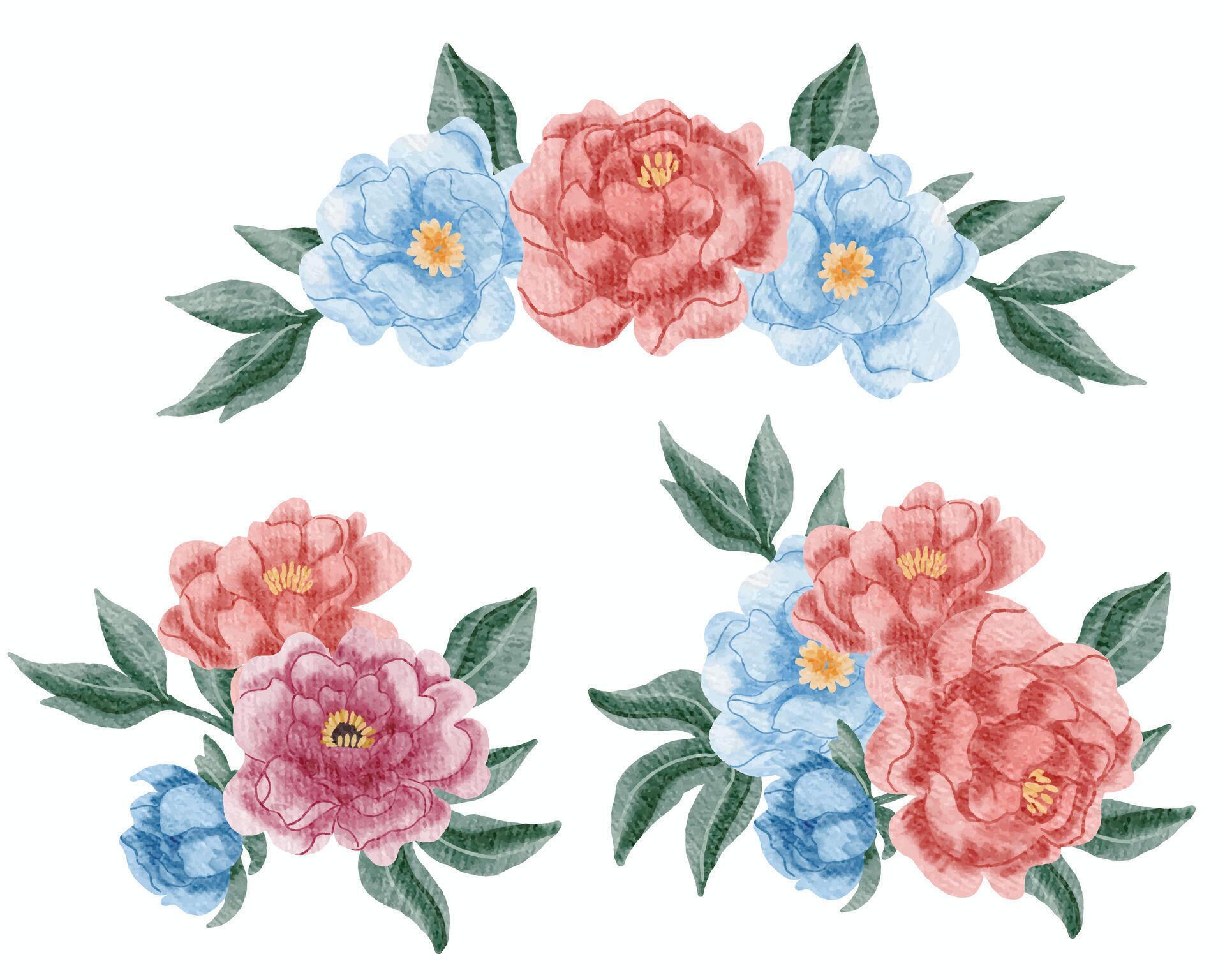 Blue, Pink, and Red Rose Watercolor Flower Arrangement Stock Free