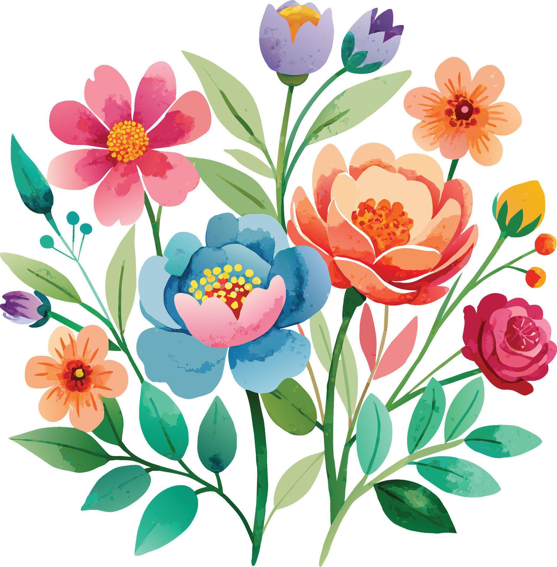 Watercolor Floral bouquet of colorful flowers and leaves. Vector illustration. Stock Free