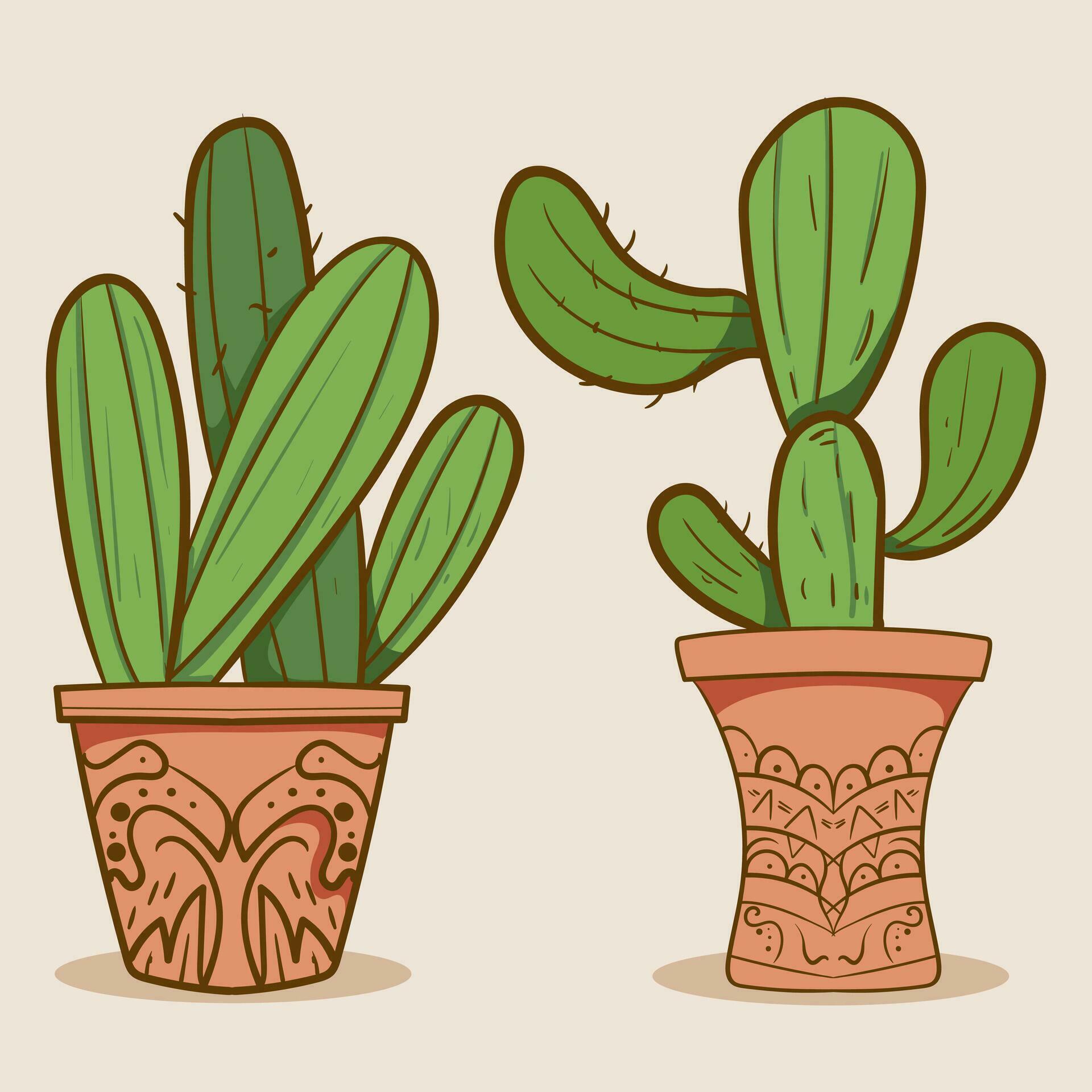 Plant room green cactus. Cute green cactus in flower pots Flat, cartoon style. Vector illustration white background. Element design. Stock Free