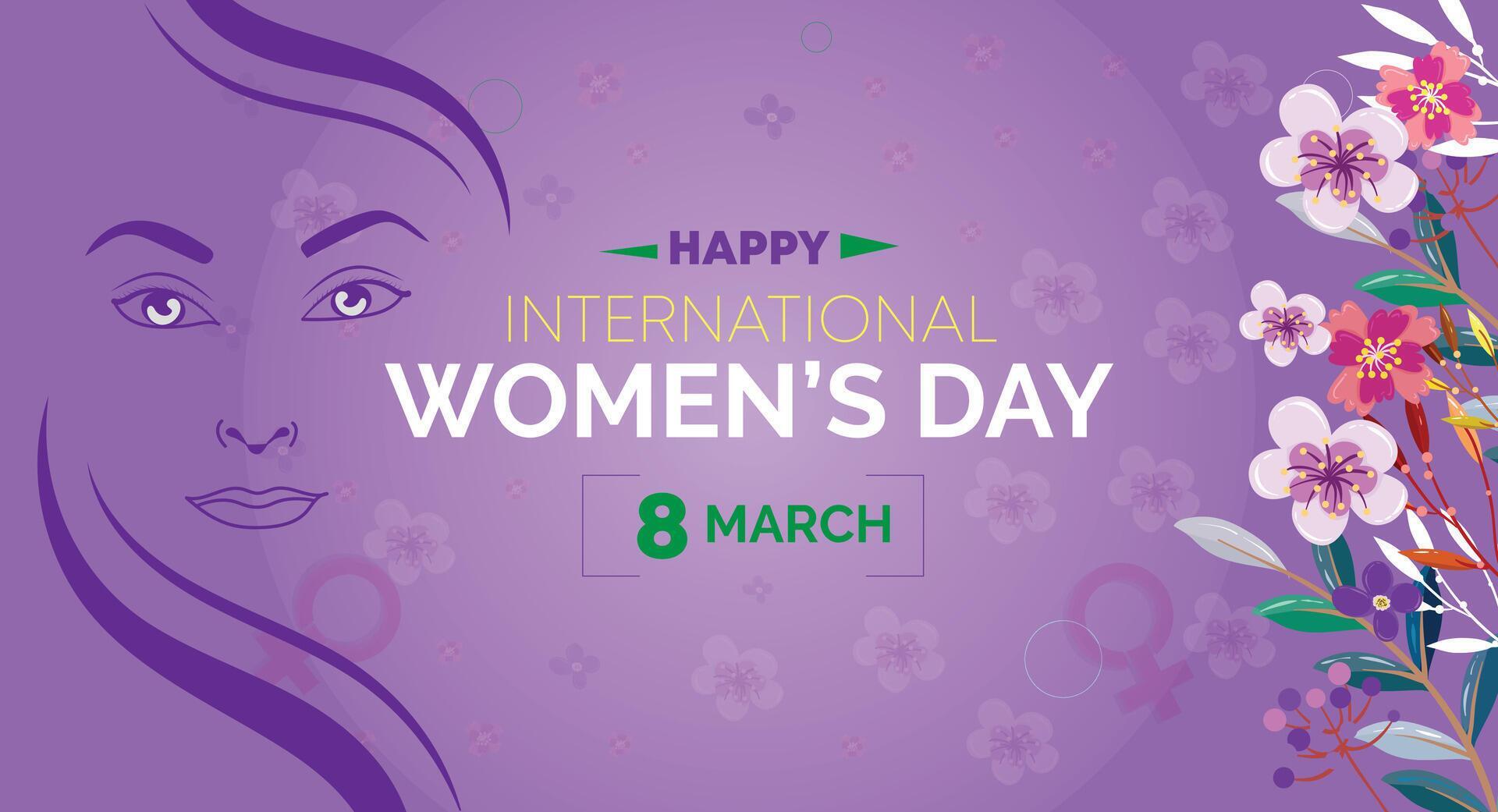 Happy Women’s Day 8 March. Women’s Day greeting banner design with flowers and a purple color Stock Free