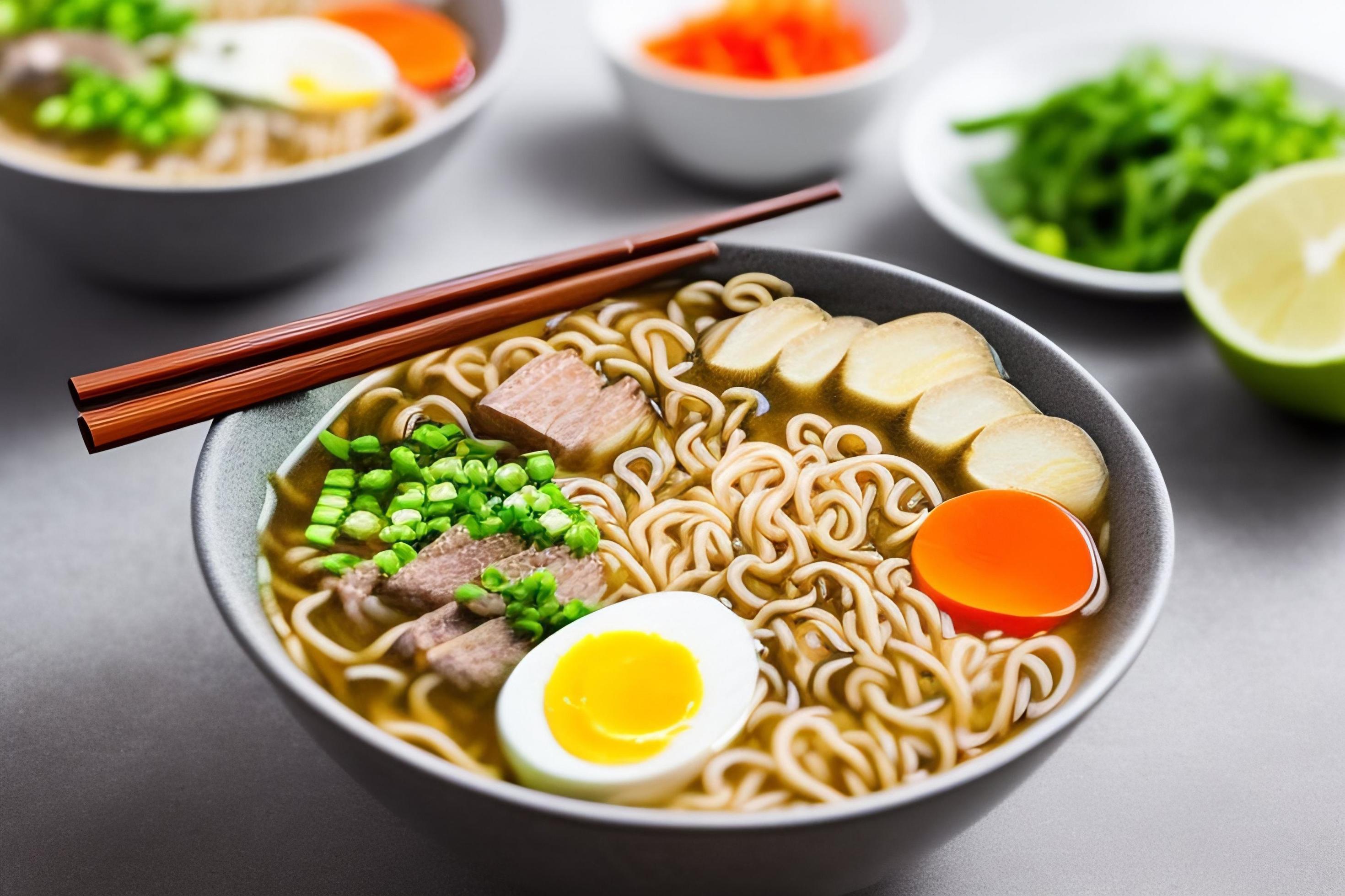 Delicious noodles. Fast food meal with appetizing pasta and chopsticks. Stock Free