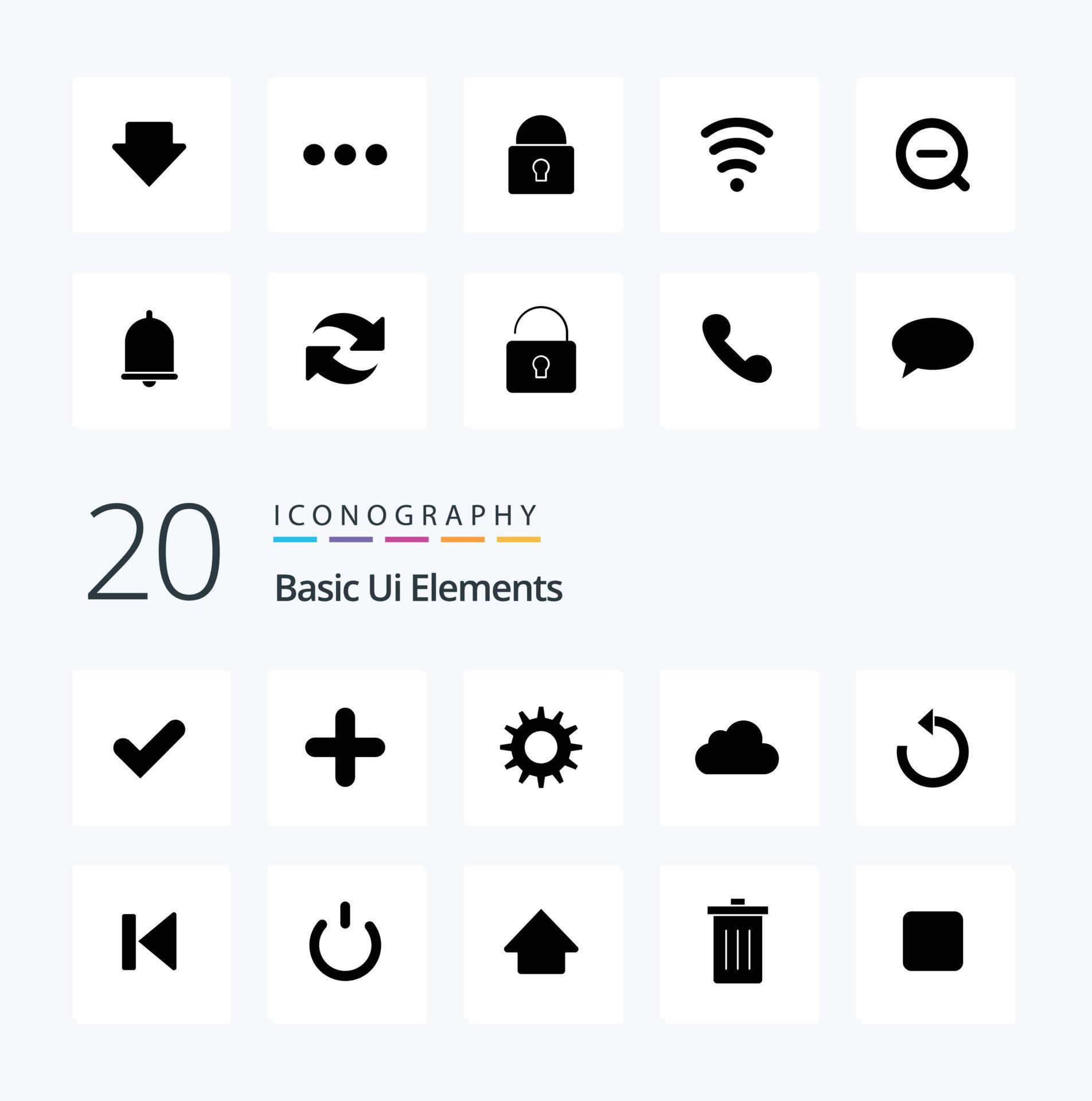 20 Basic Ui Elements Solid Glyph icon Pack like downlod arrow cog cloudy data Stock Free