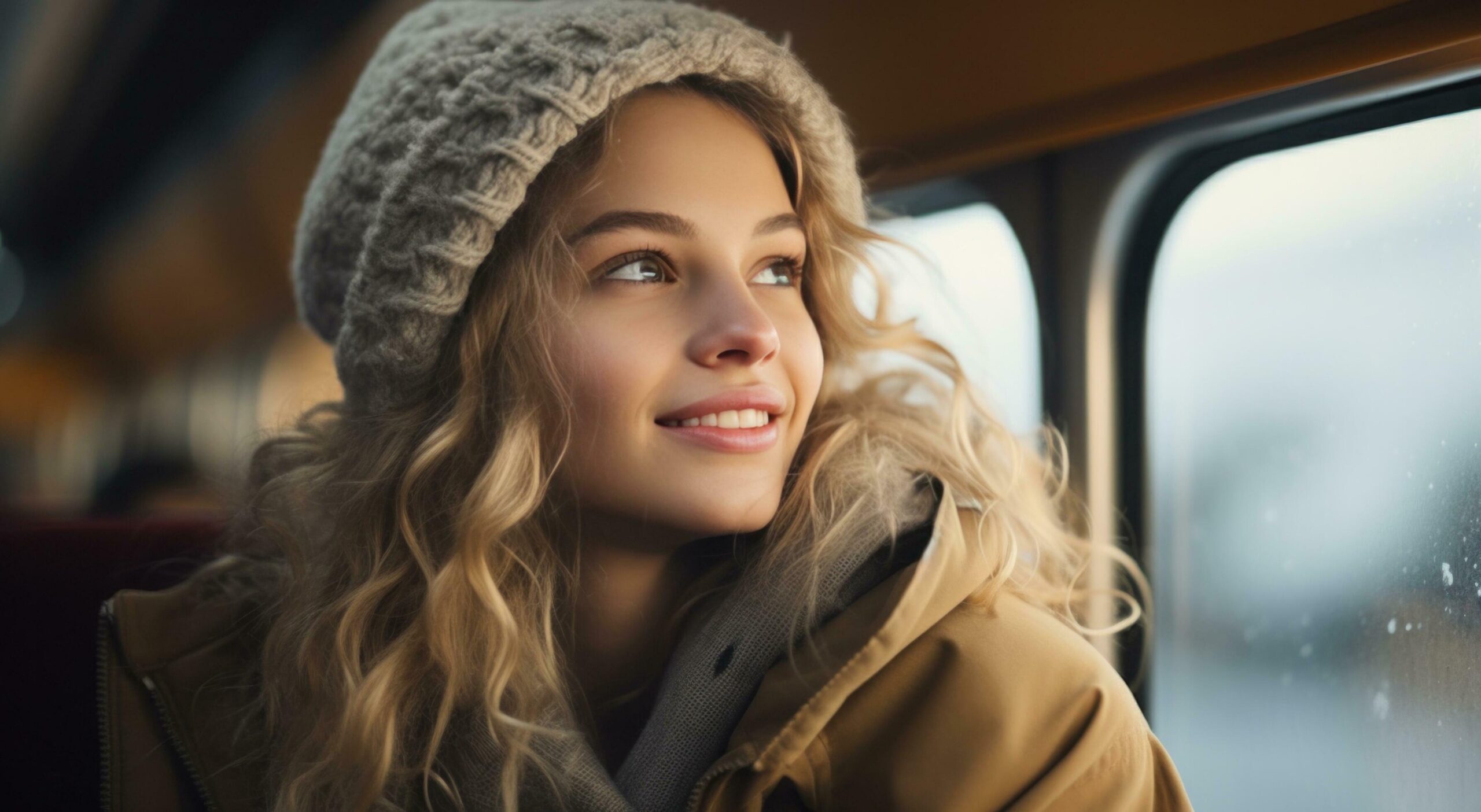 a young woman sitting on a train looking out the window Free Photo