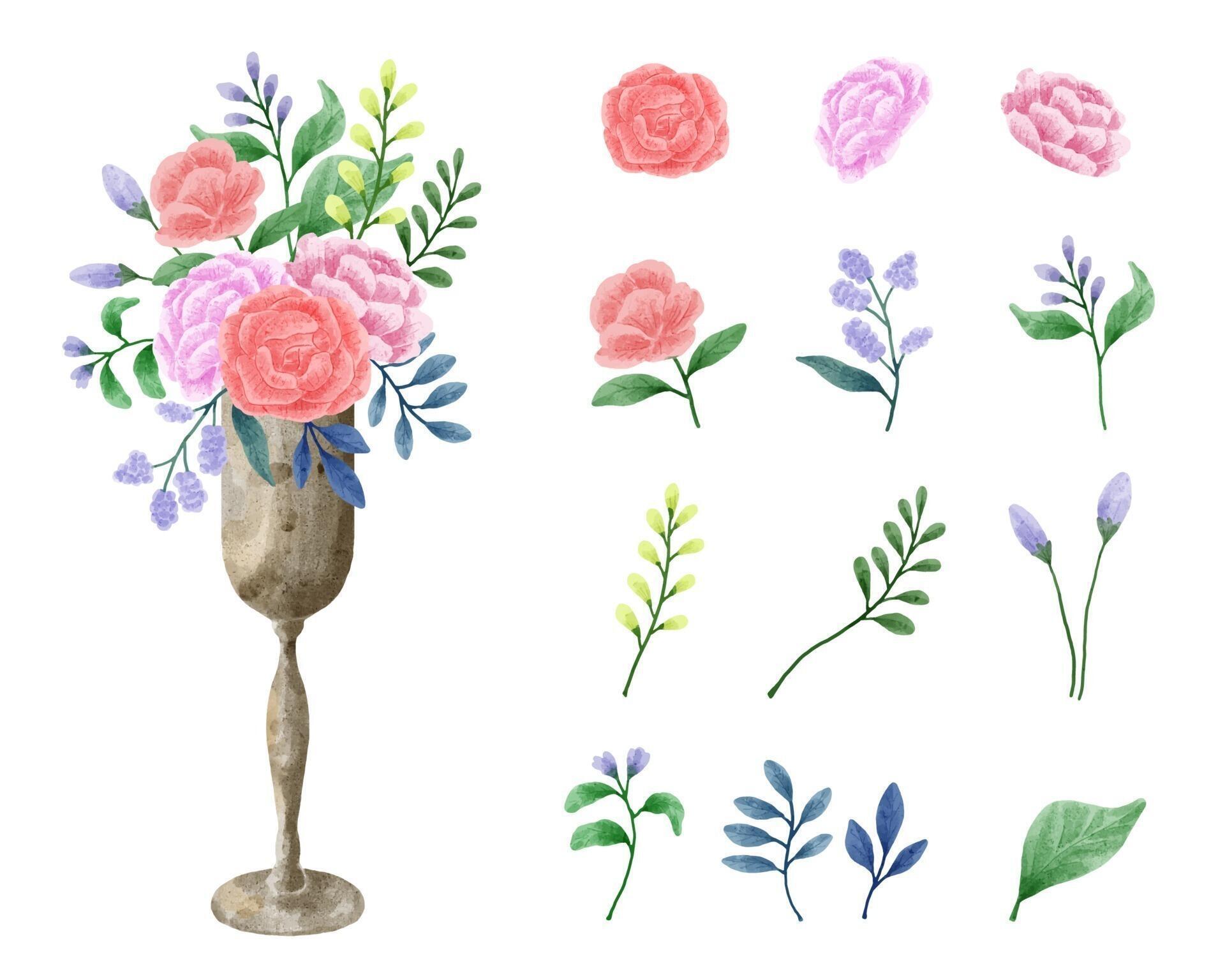 A set of flowers painted in watercolor for designer work create Stock Free