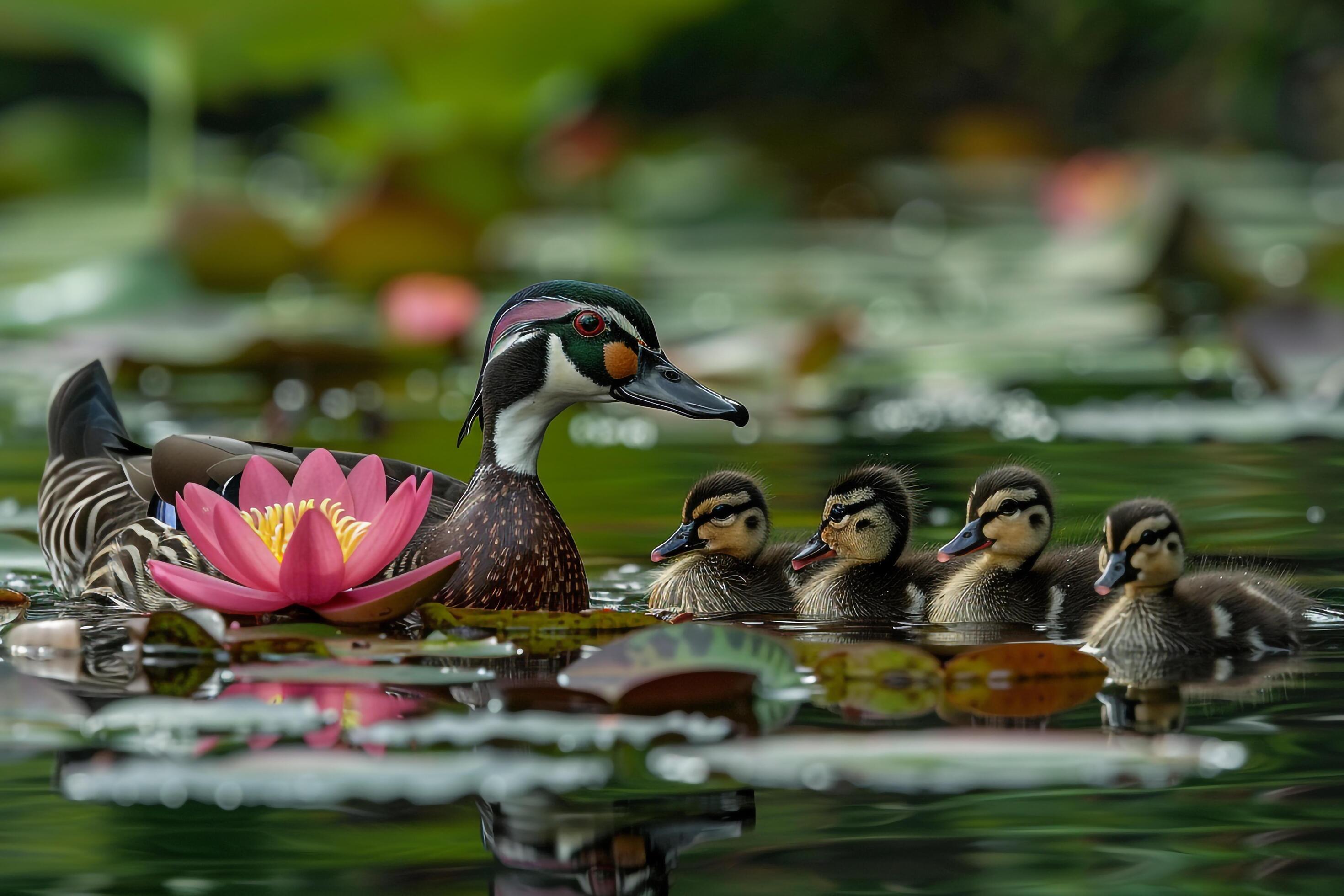 Wood Duck Family Swimming Among Lily Pads Background Nature Stock Free