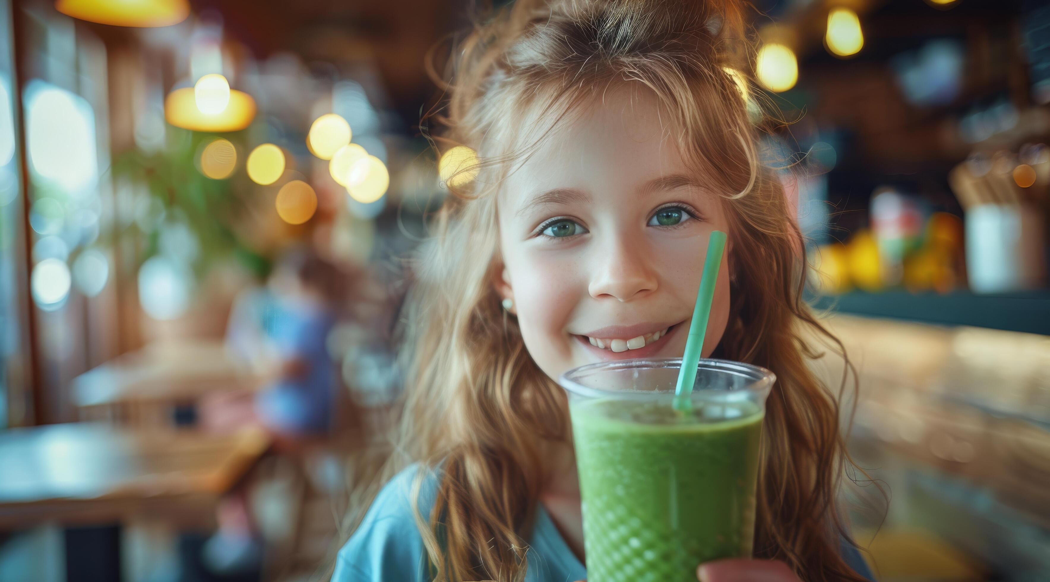 Smiling Girl Enjoying a Green Smoothie in a Cafe Stock Free