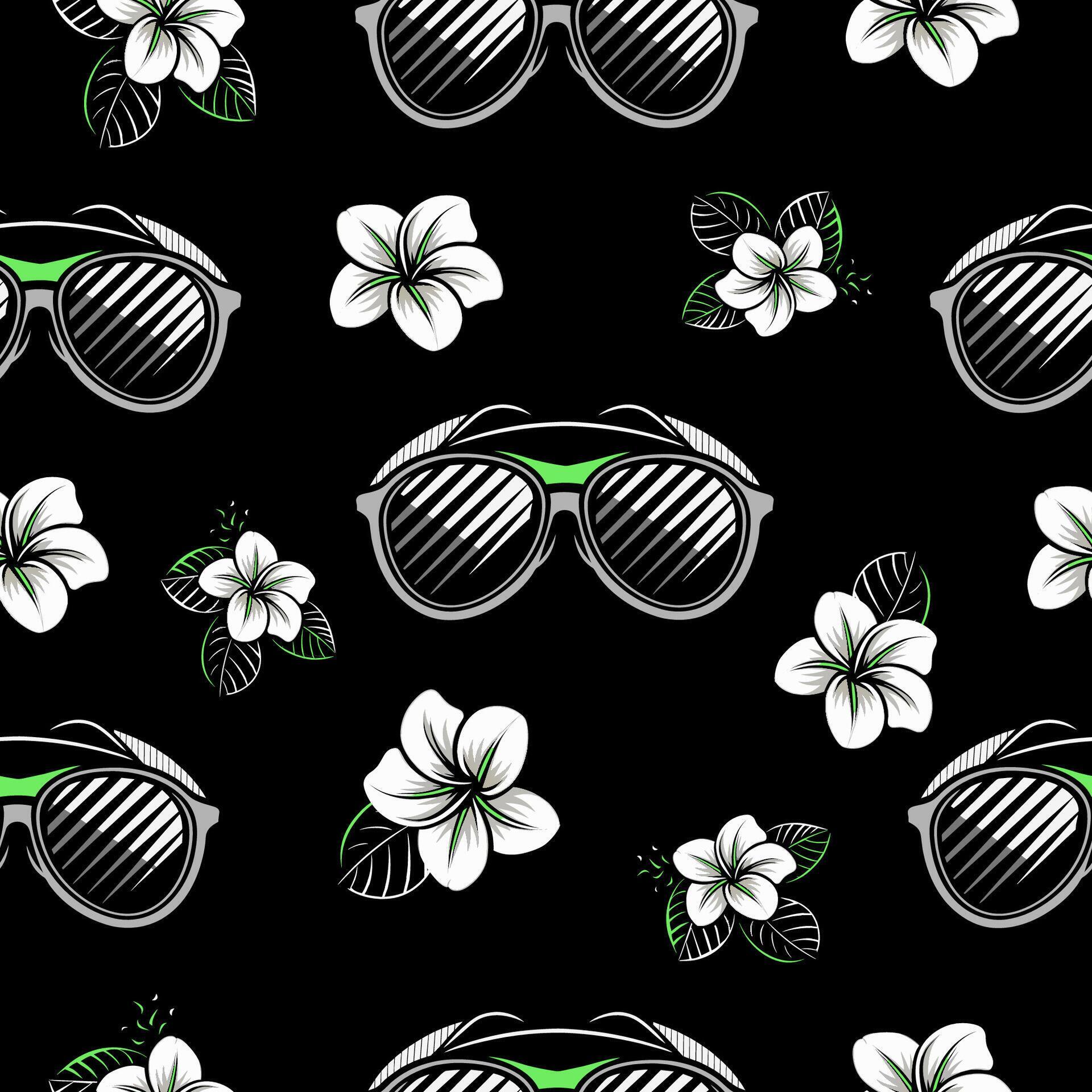 illustration of a seamless pattern with glasses and flowers on a black background. Stock Free