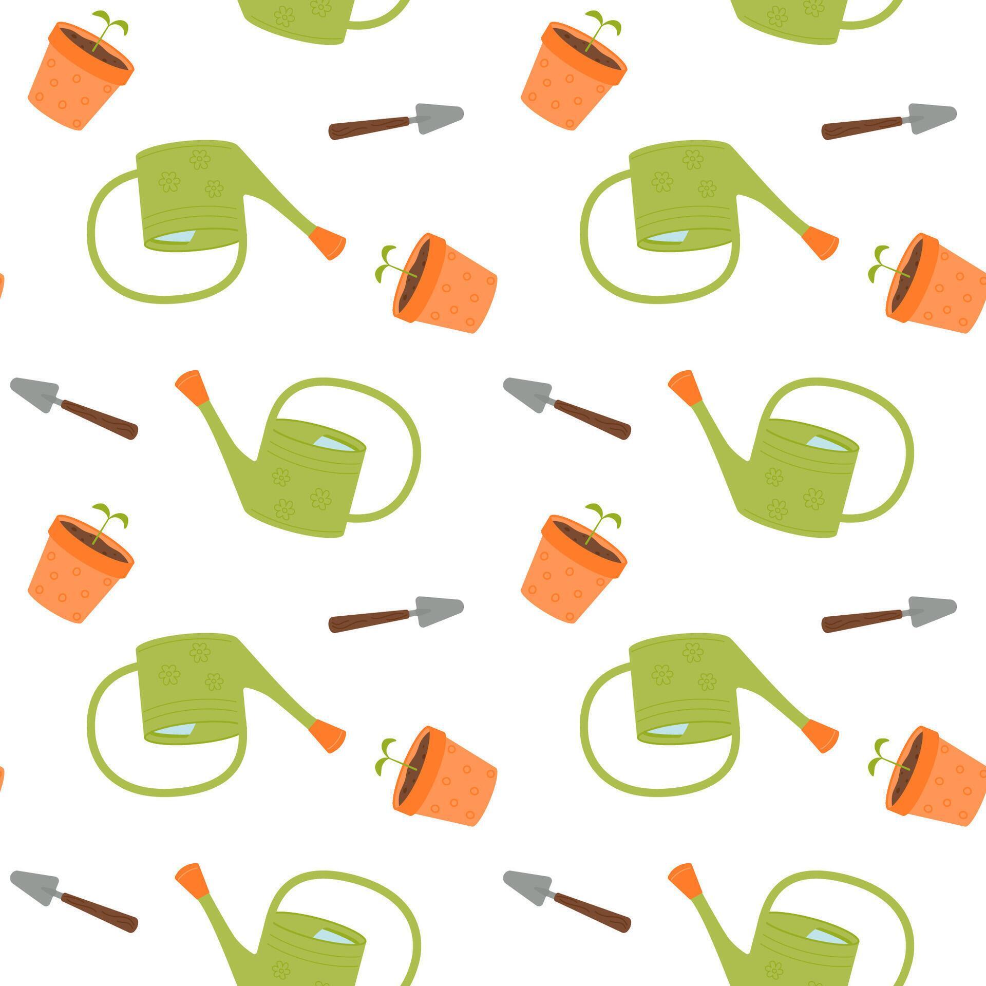 Seamless pattern with garden watering can, flower pot, shovel. Stock Free