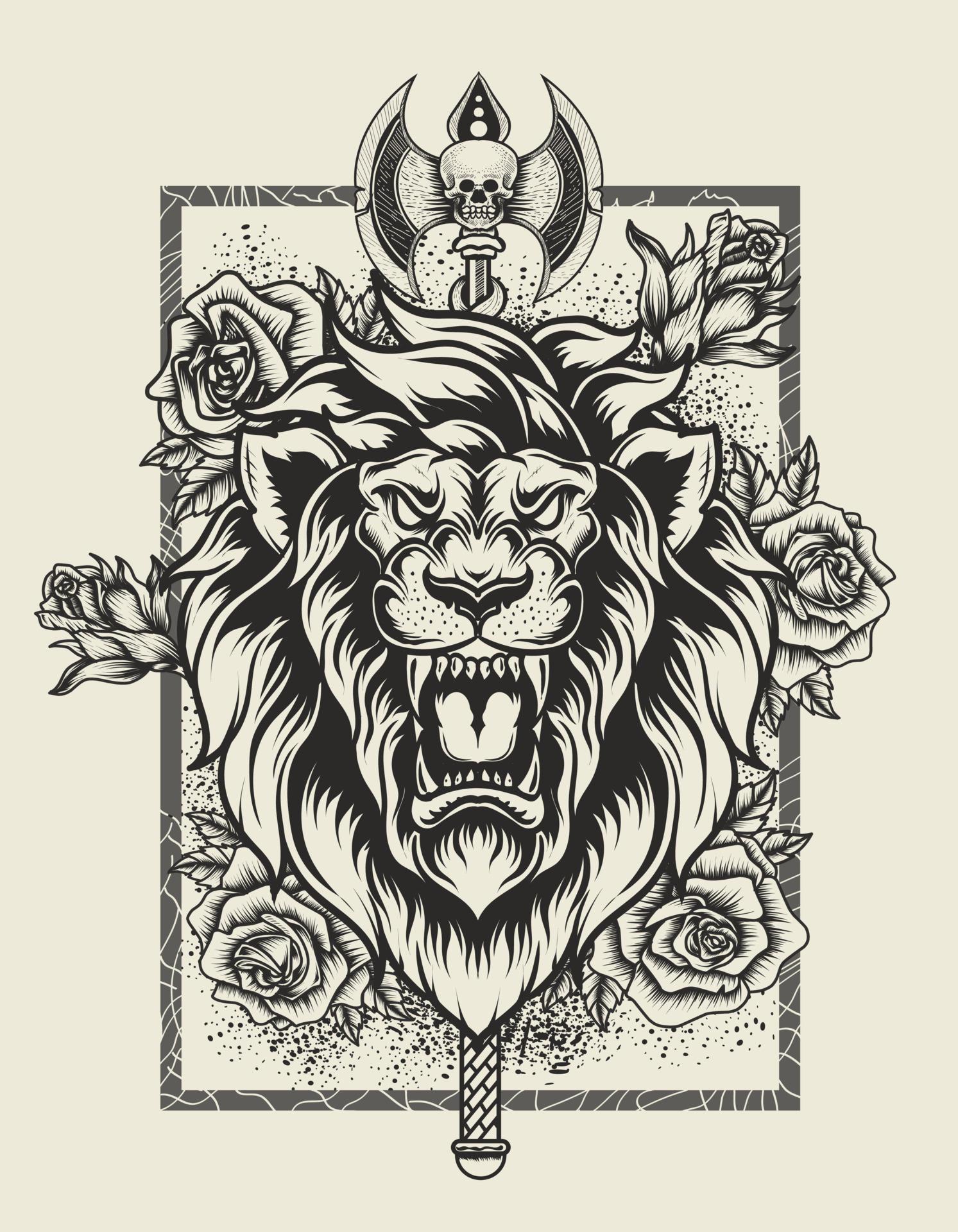 illustration vector lion head with rose flower Stock Free