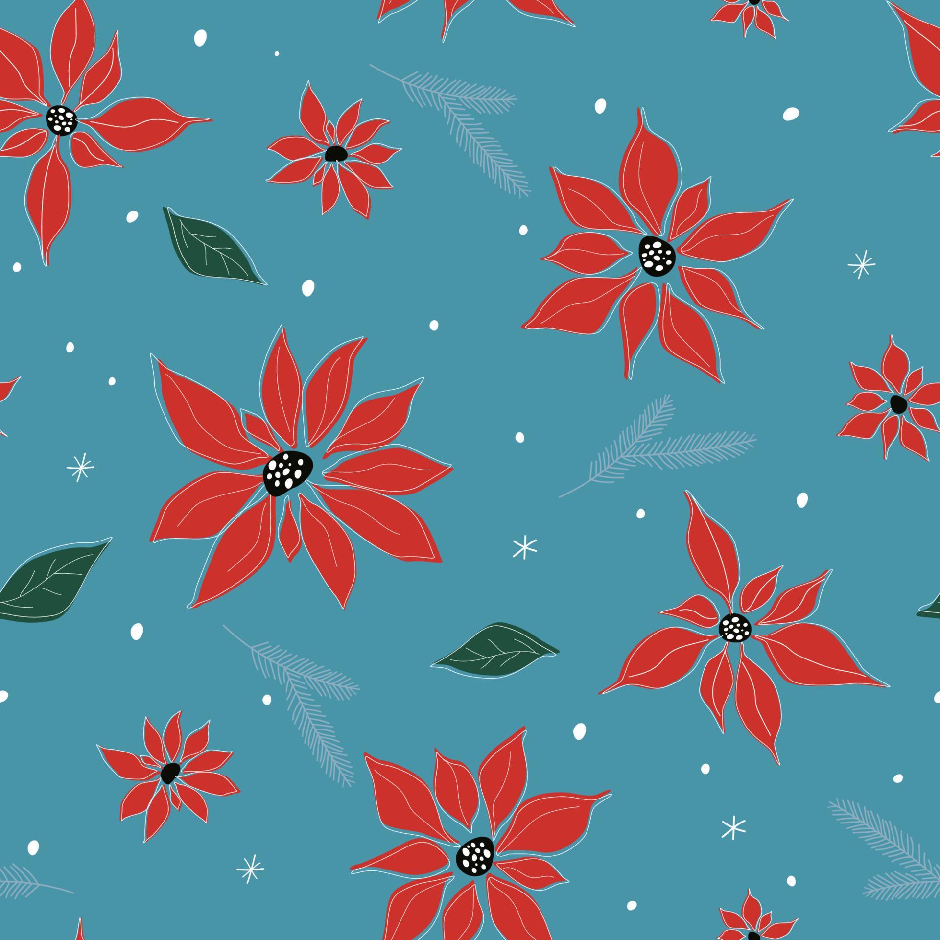 Seamless pattern with Christmas poinsettia flower. Winter New Year’s print with snowflakes. Vector graphics. Stock Free