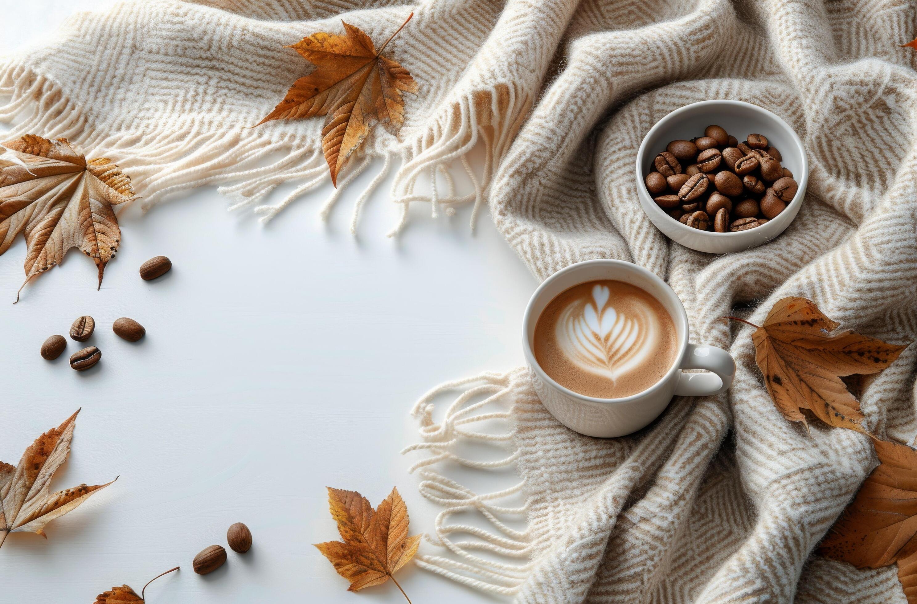 Cozy Fall Morning Coffee With Blanket, Coffee Beans, and Leaves Stock Free