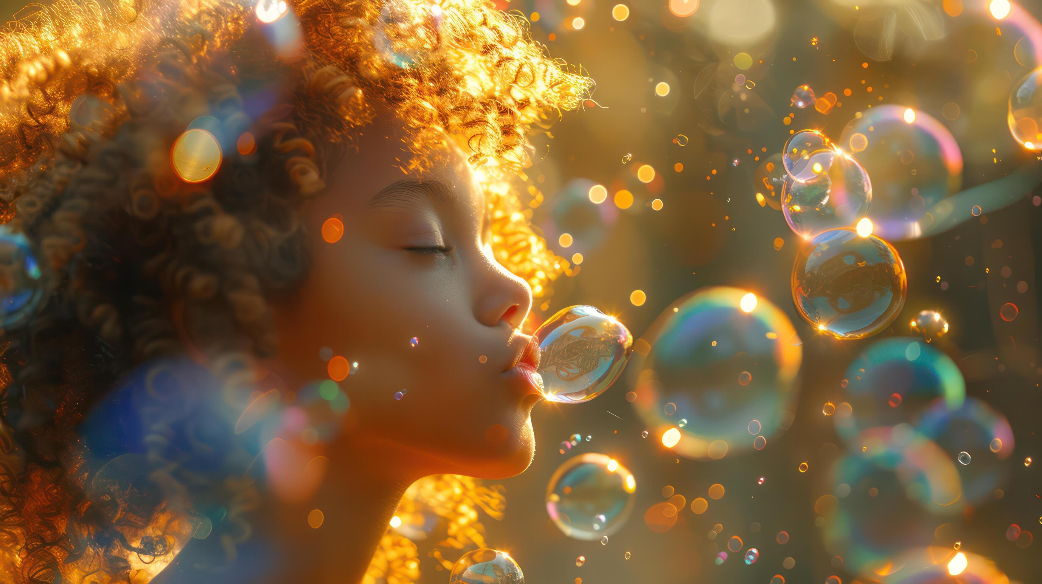 A child blowing bubbles in the backyard, with sunlight creating rainbow reflections in the bubbles. Stock Free