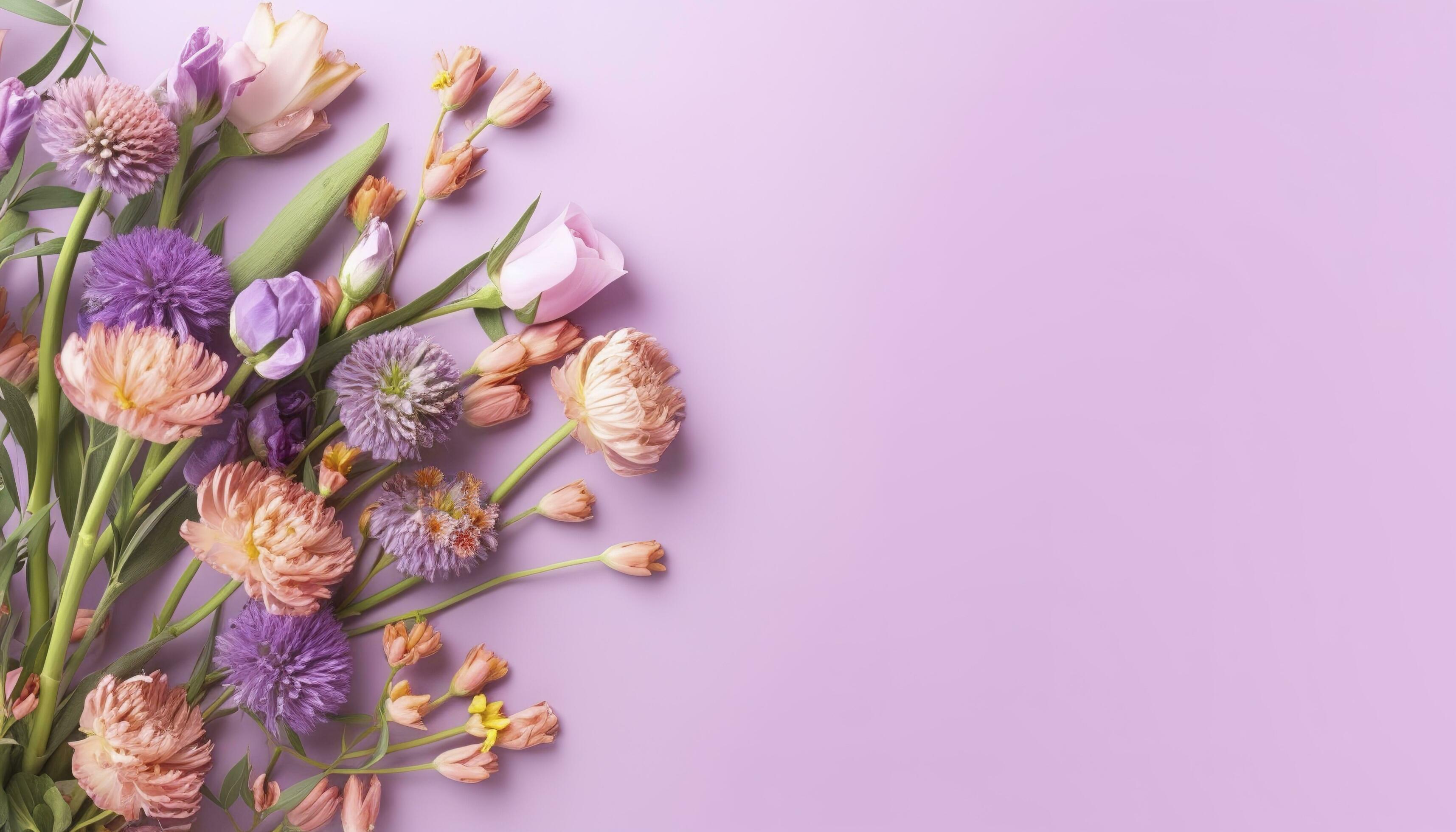 multicolored spring flowers on purple background , generate ai Stock Free