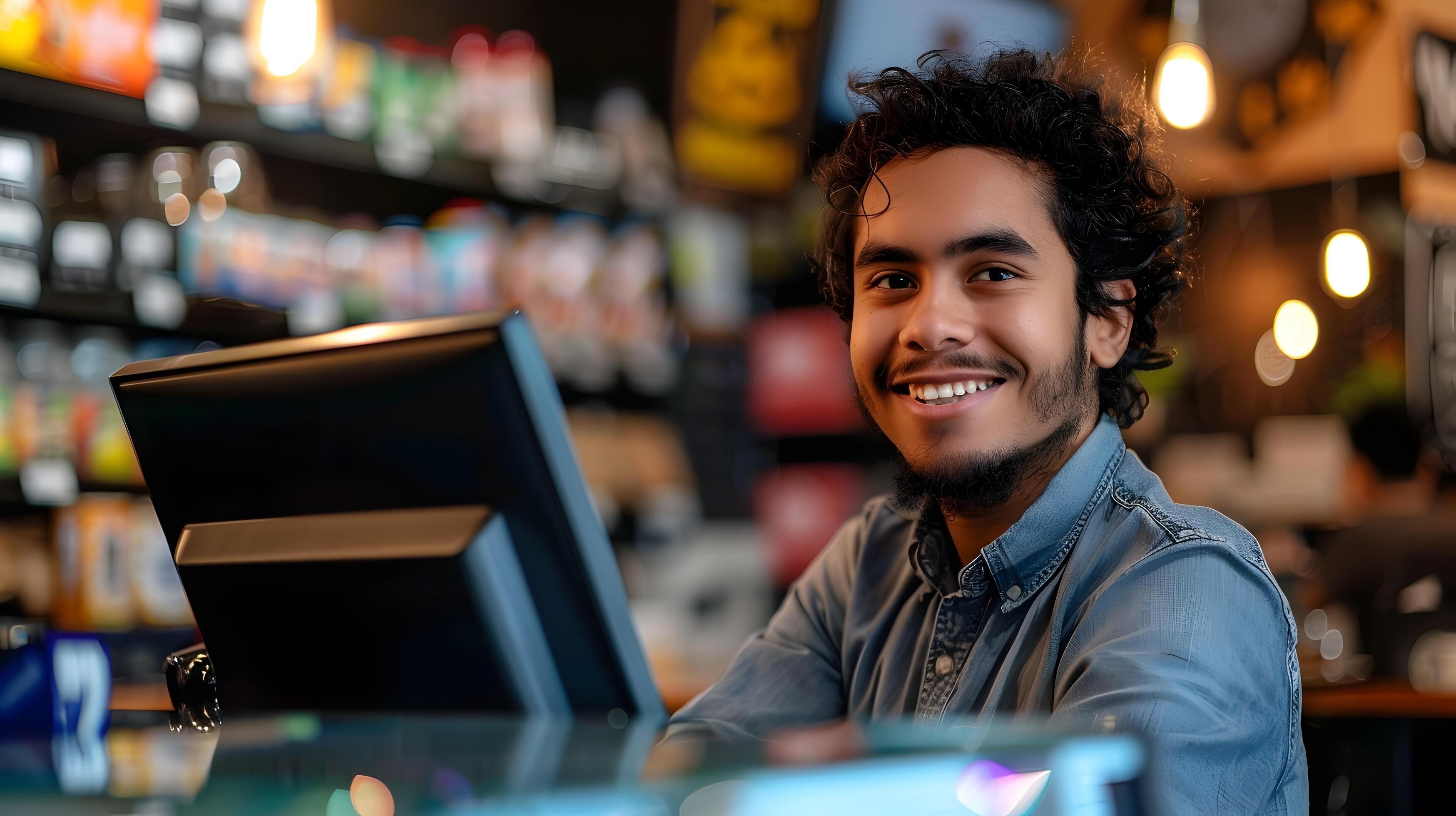 Portrait of Friendly Young Cashier Assisting Customers at Retail Store Stock Free