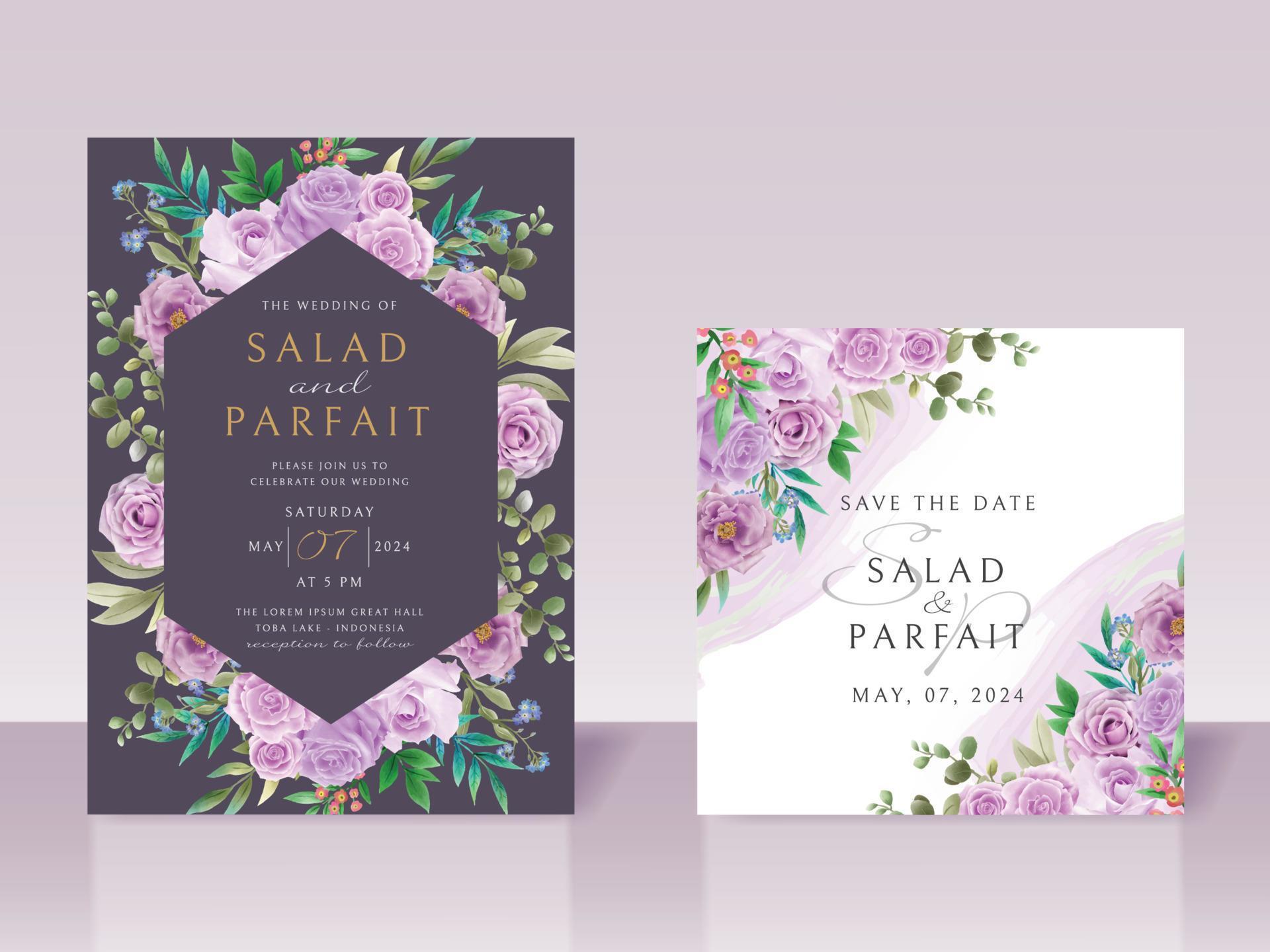 Wedding invitation card template with purple flowers Stock Free