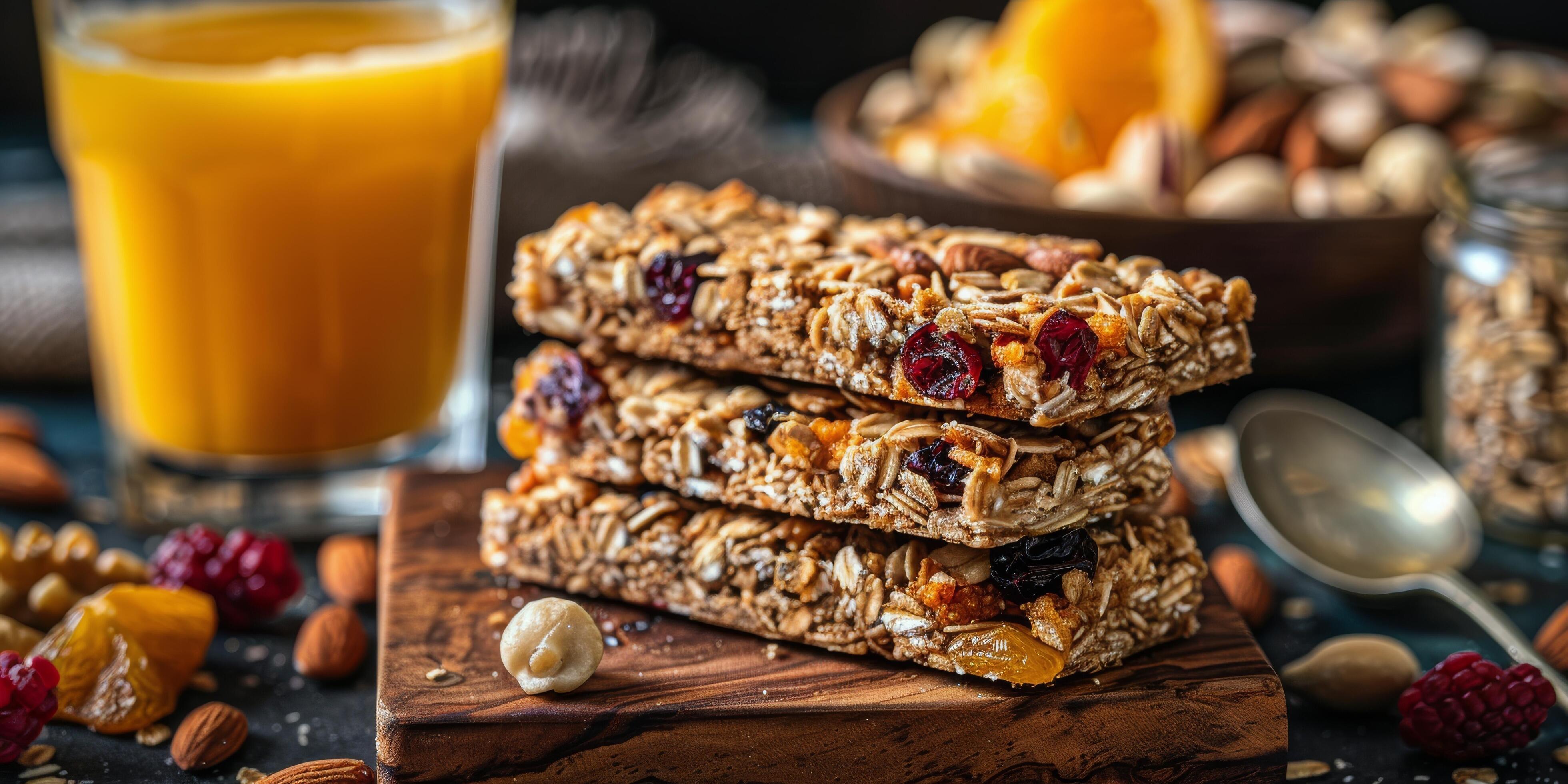 Stacked Granola Bars With Dried Fruit, Nuts, and Orange Juice on Rustic Wooden Surface Stock Free