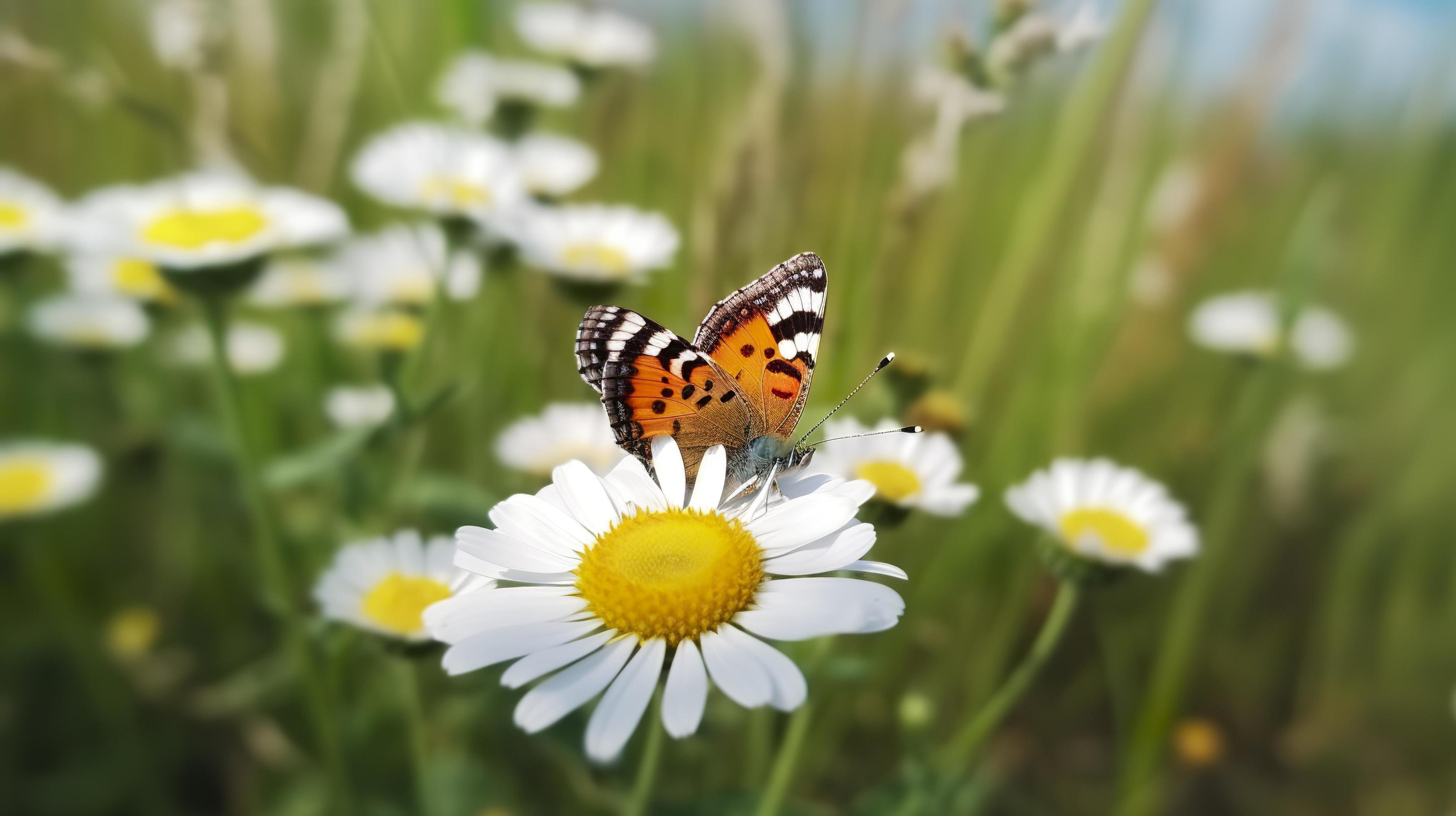 Photo the yellow orange butterfly is on the white pink flowers in the green grass fields, generat ai Stock Free