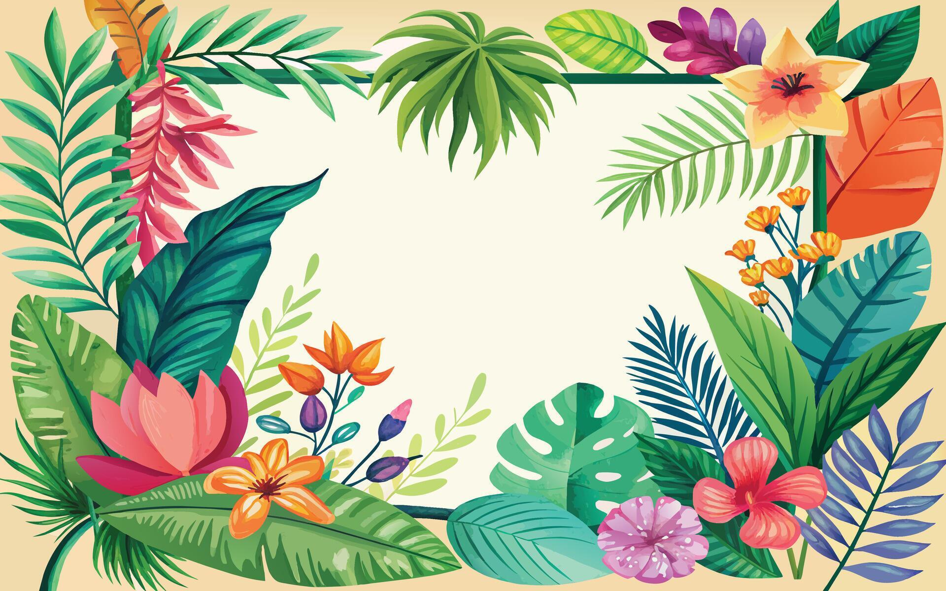 Frame with tropical leaves and flowers. Vector illustration in flat style. Stock Free