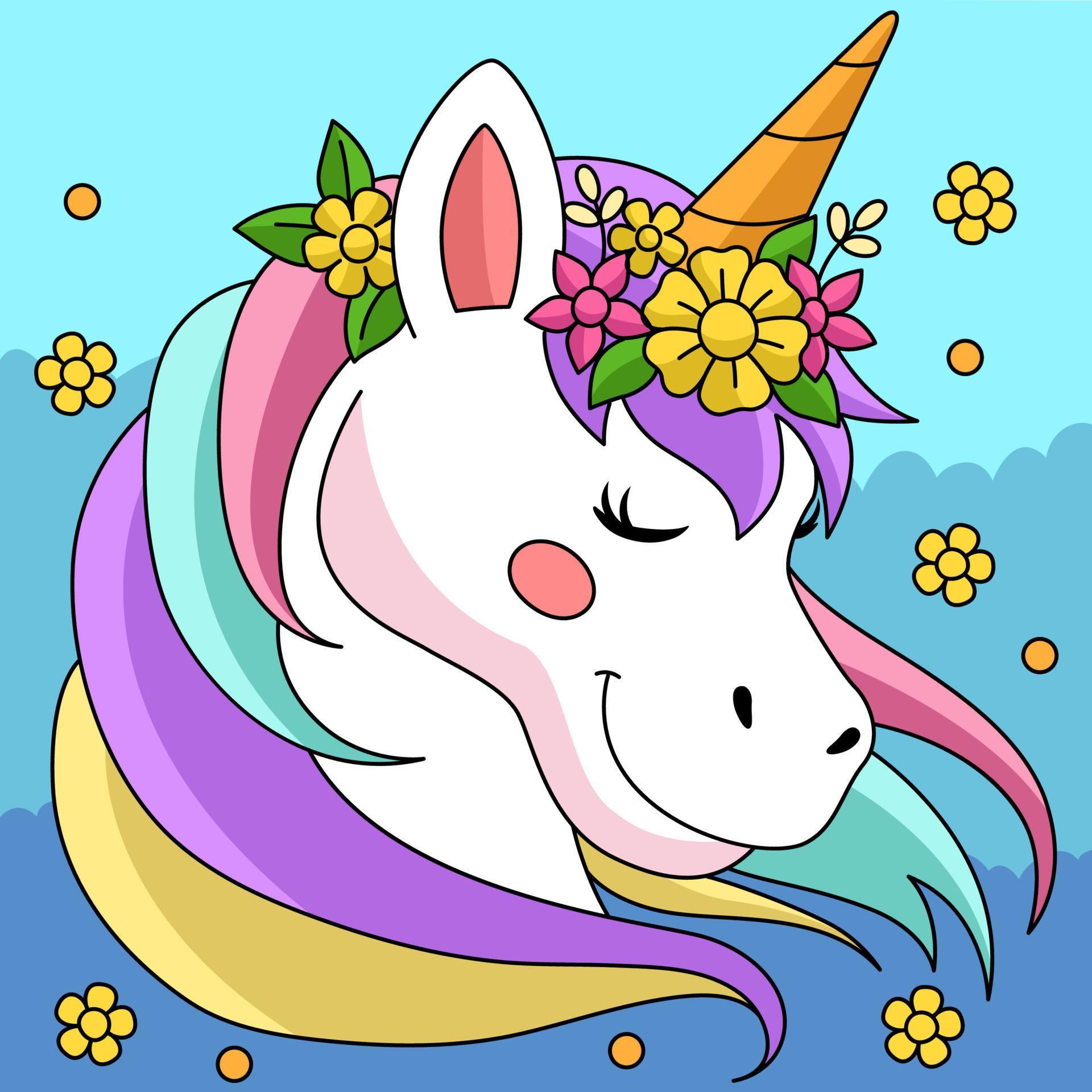 Unicorn Wearing Flower Wreath Colored Cartoon Stock Free