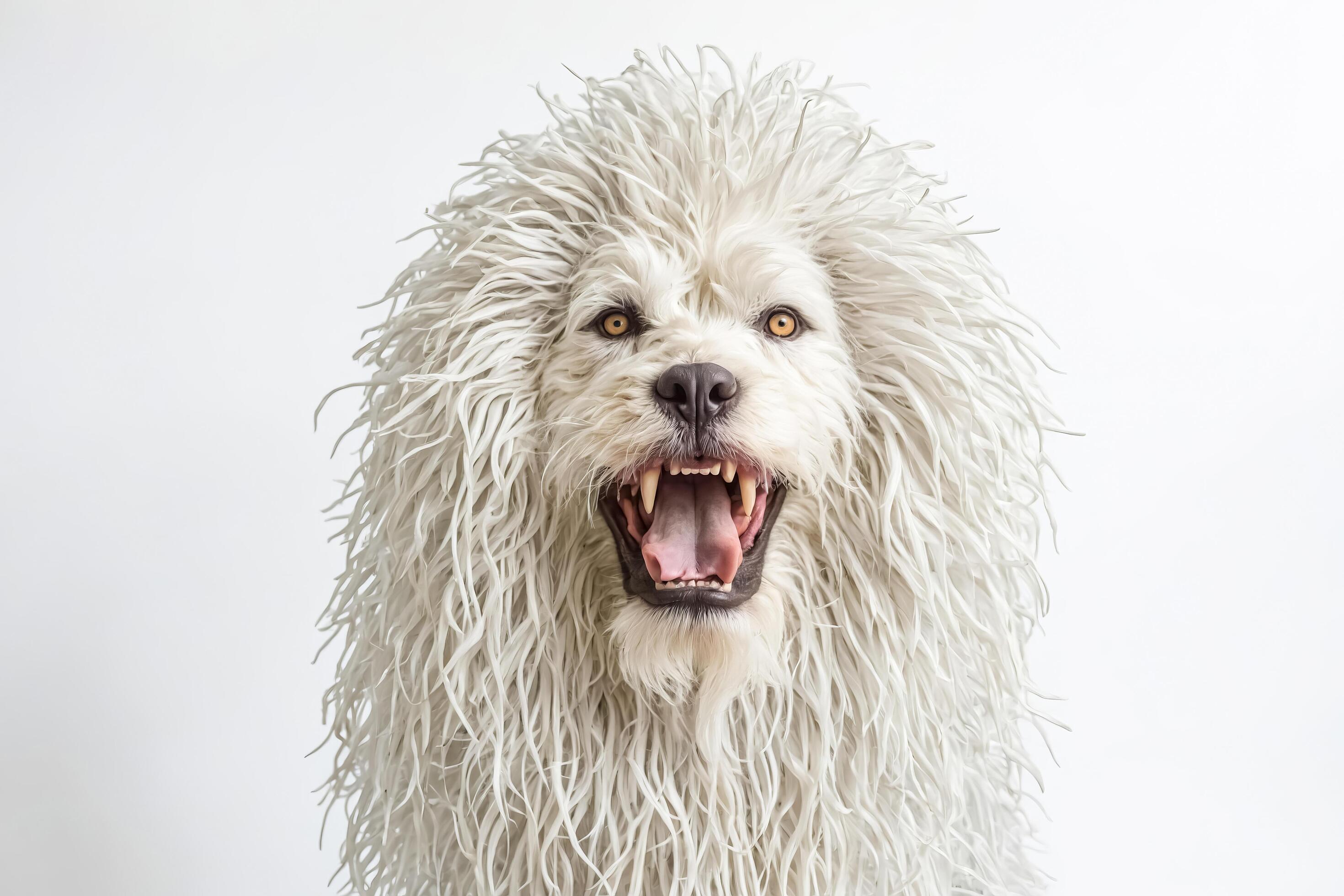 White dog with long hair growls against white background Stock Free