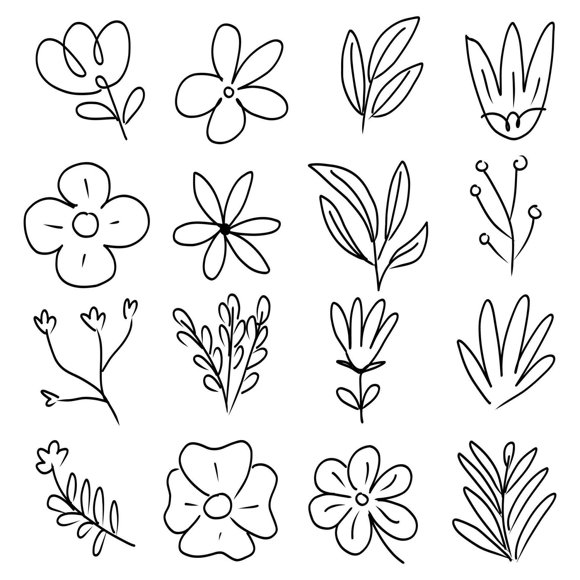 Simple linear flowers on stems isolated on white. Hand drawn vector botanical illustrations Stock Free