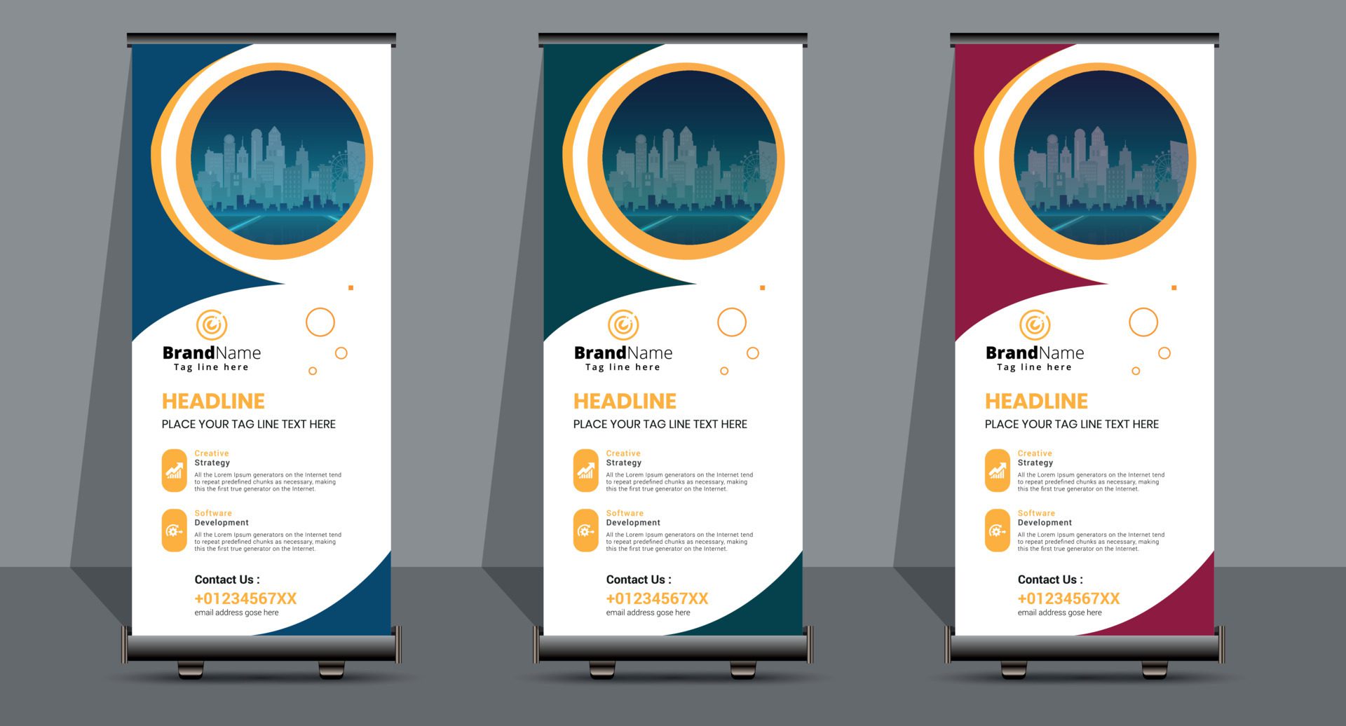 Creative Business Roll Up Signage Banner Template Design. Free Vector