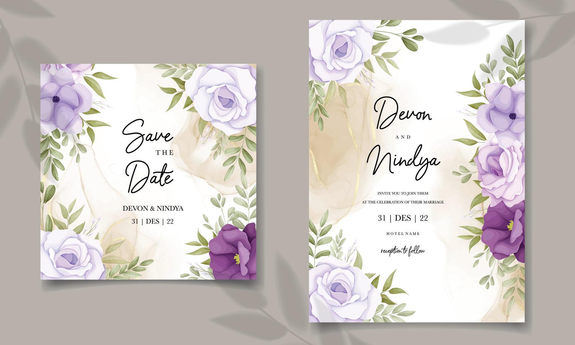 Elegant wedding invitation card with purple flower decoration Stock Free