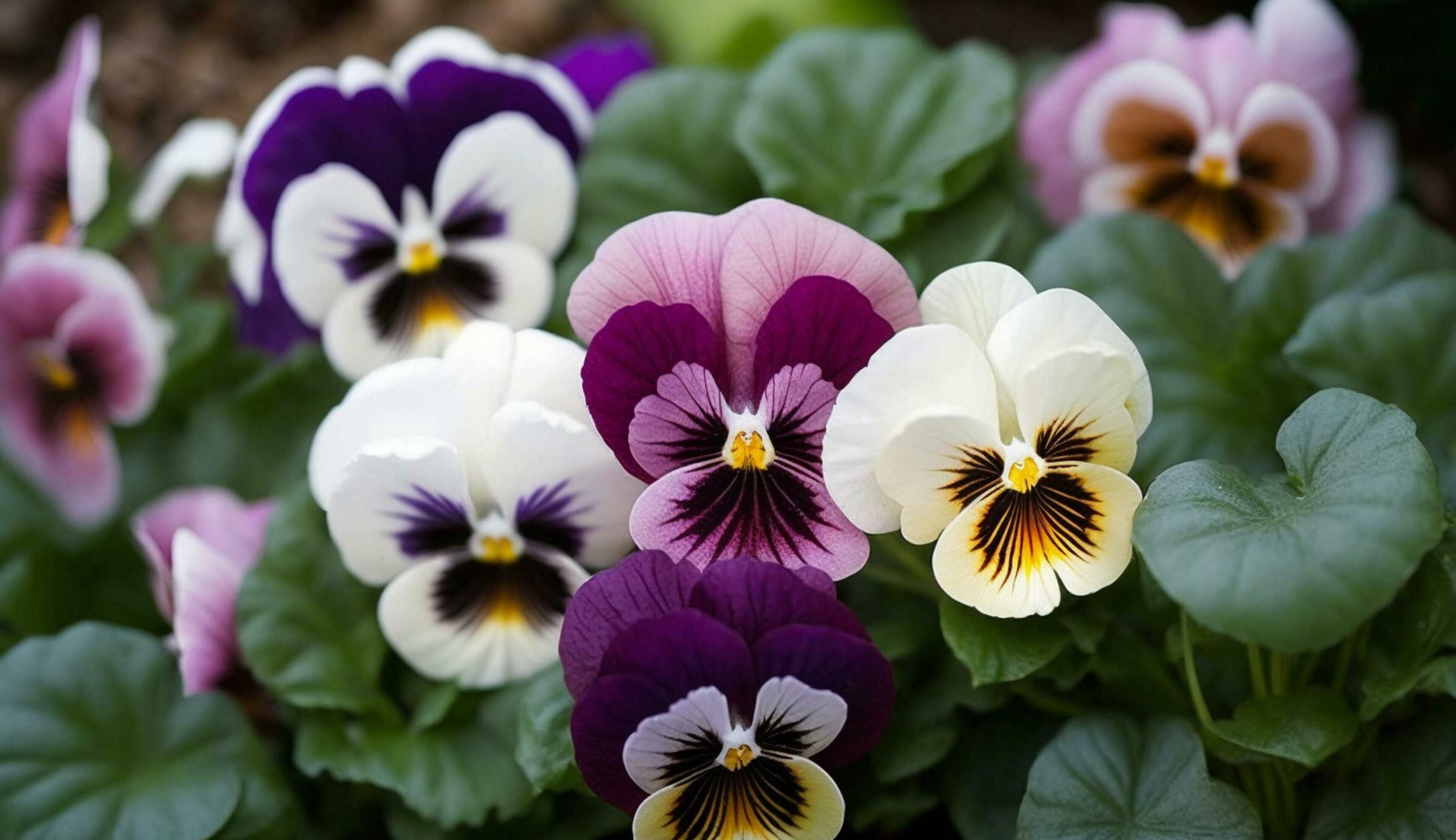 Purple pansy flower head with green leaves generated by AI Stock Free