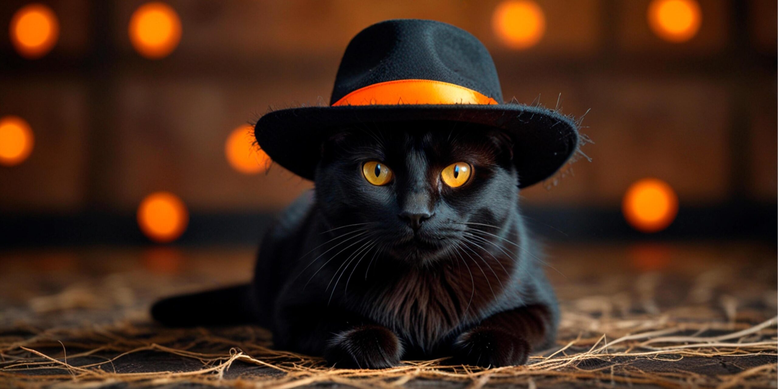 Halloween black cat wearing hat, horizontal Halloween banner created by AI. Free Photo