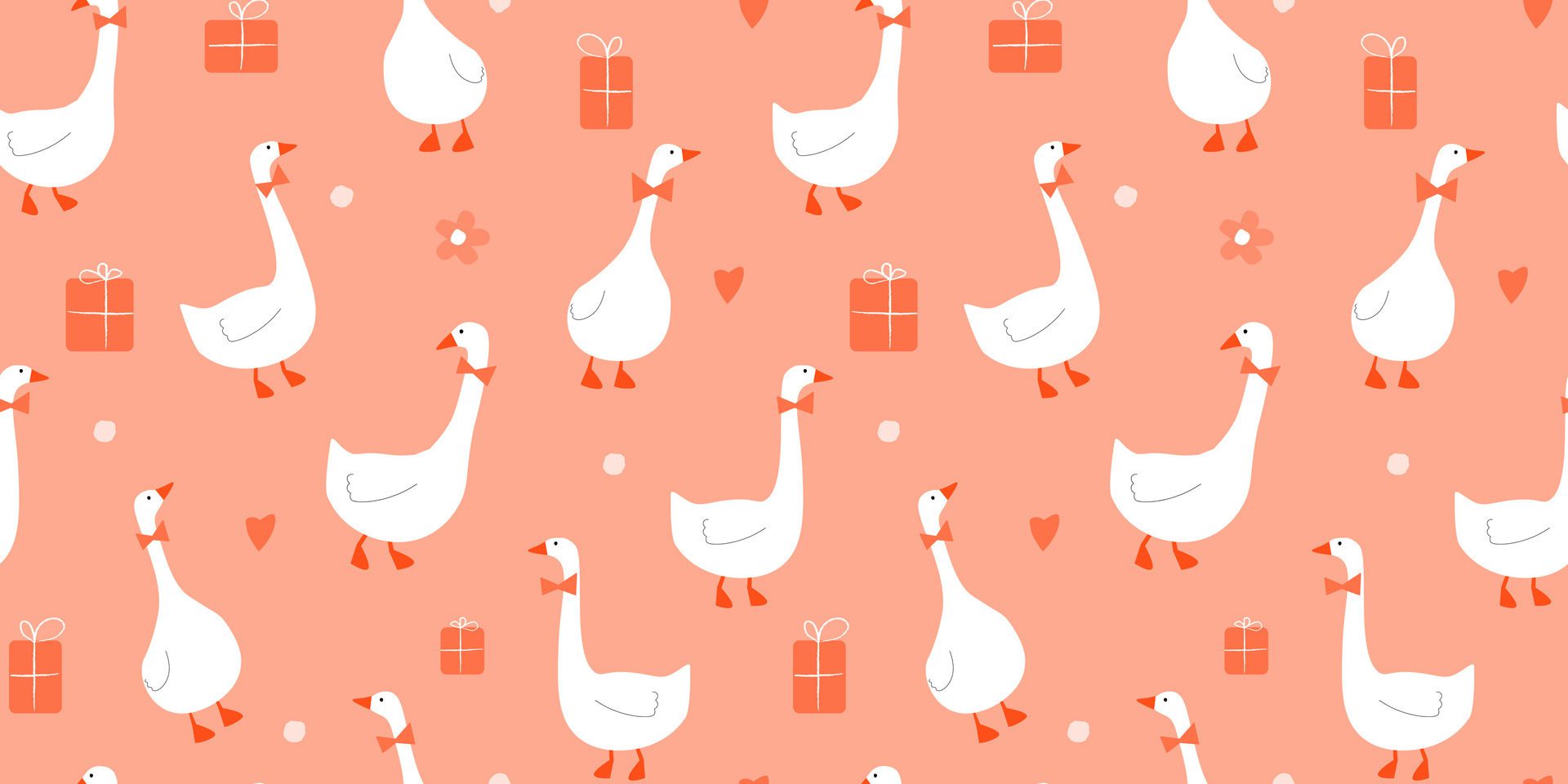 Seamless pattern with holiday geese, gift boxes, hearts, flowers. Abstract greeting print with birds for packaging, fabric. Free Vector