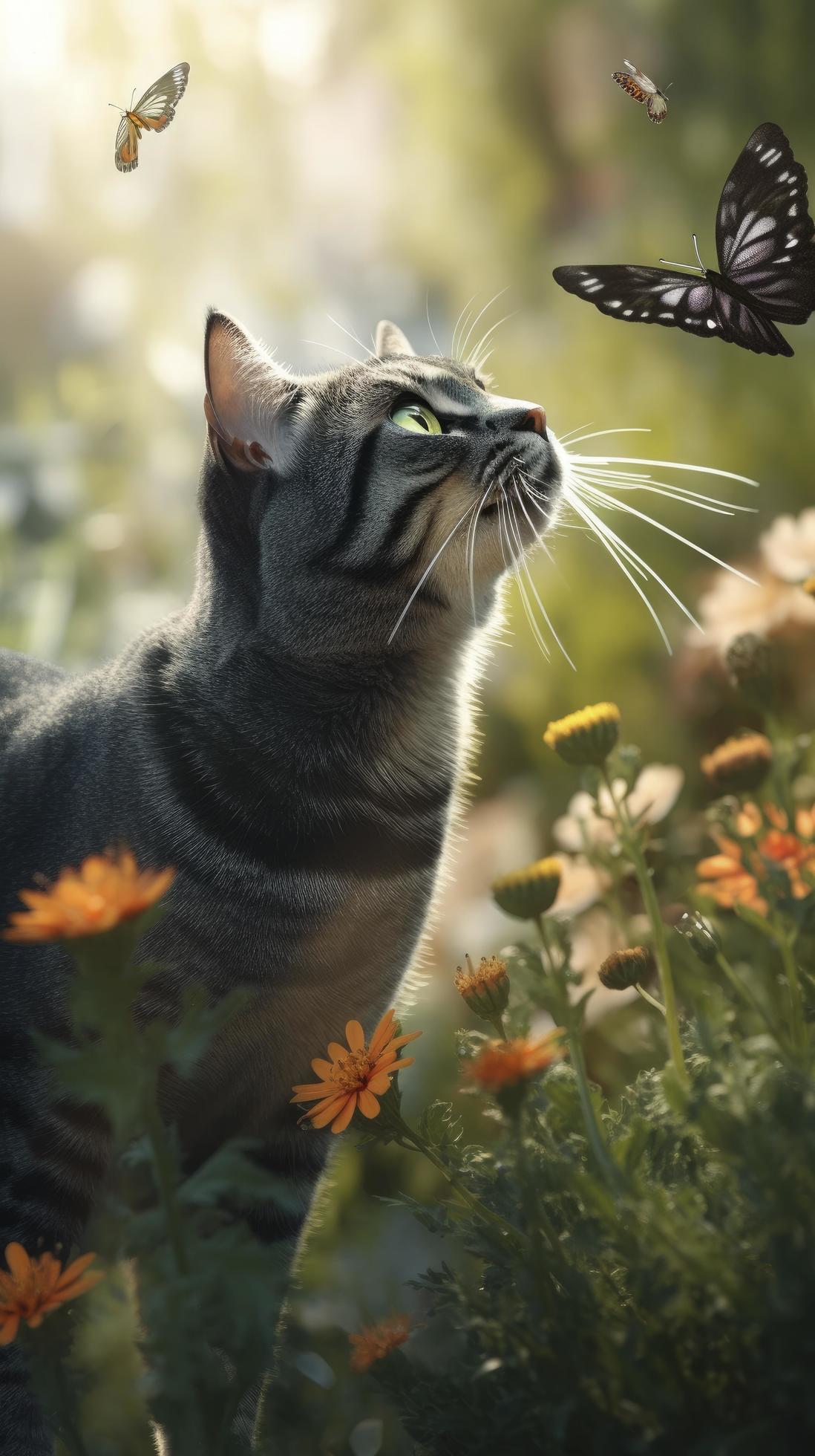 A playful cat chasing a butterfly around a garden full of flowers, Generate Ai Stock Free