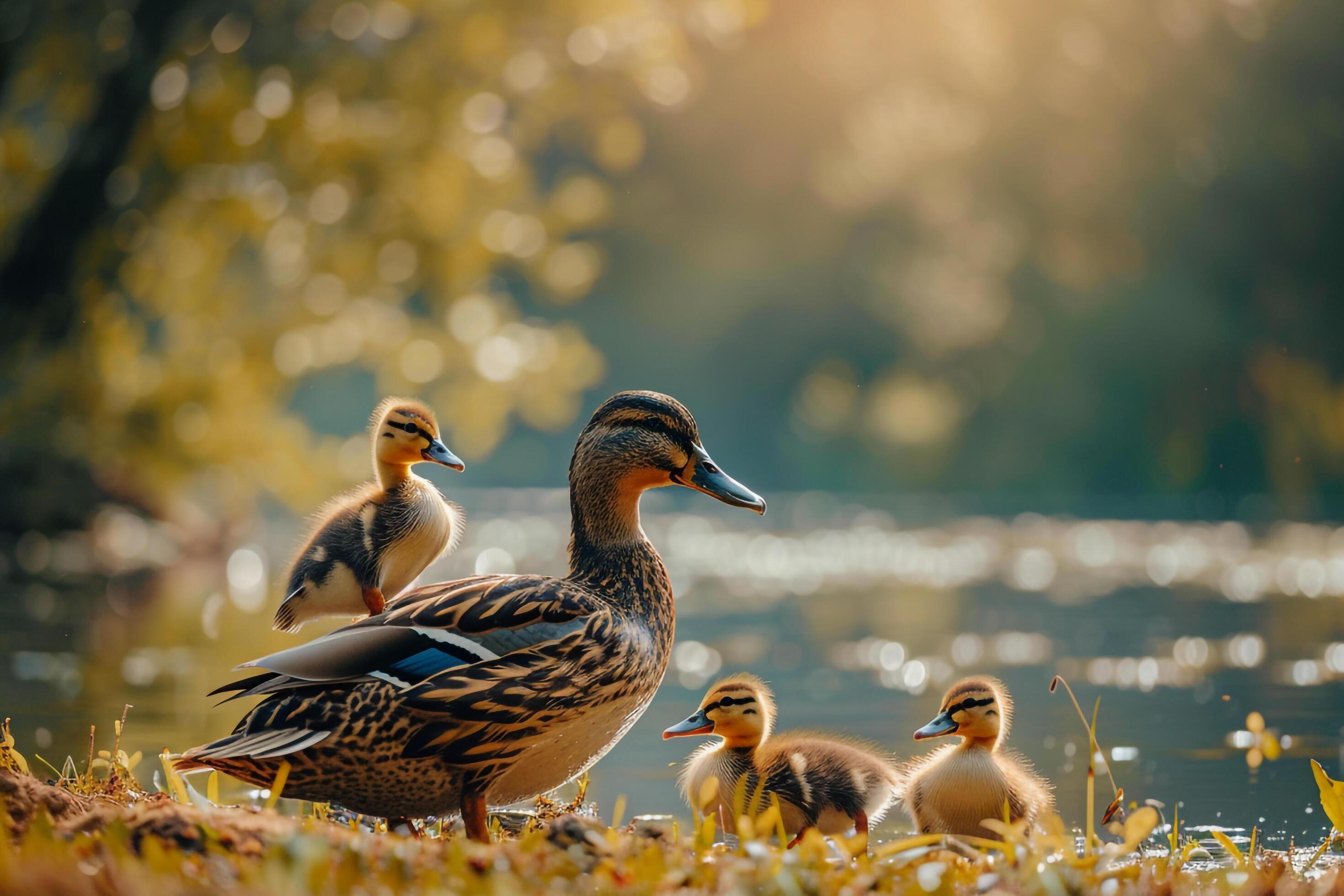 A family of ducks standing near a pond, background Stock Free