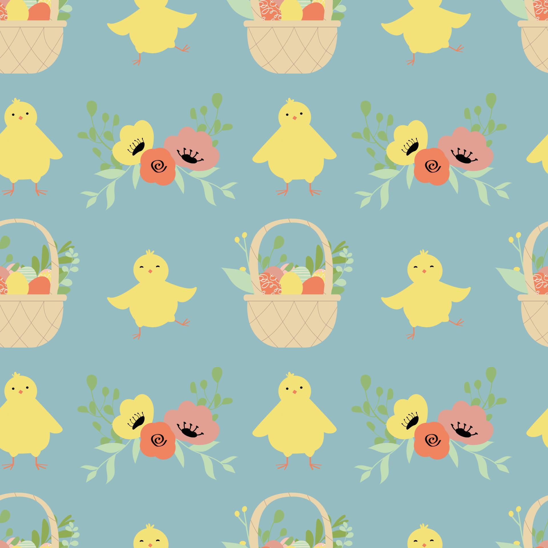 Seamless Easter pattern with chickens and flowers. Stock Free