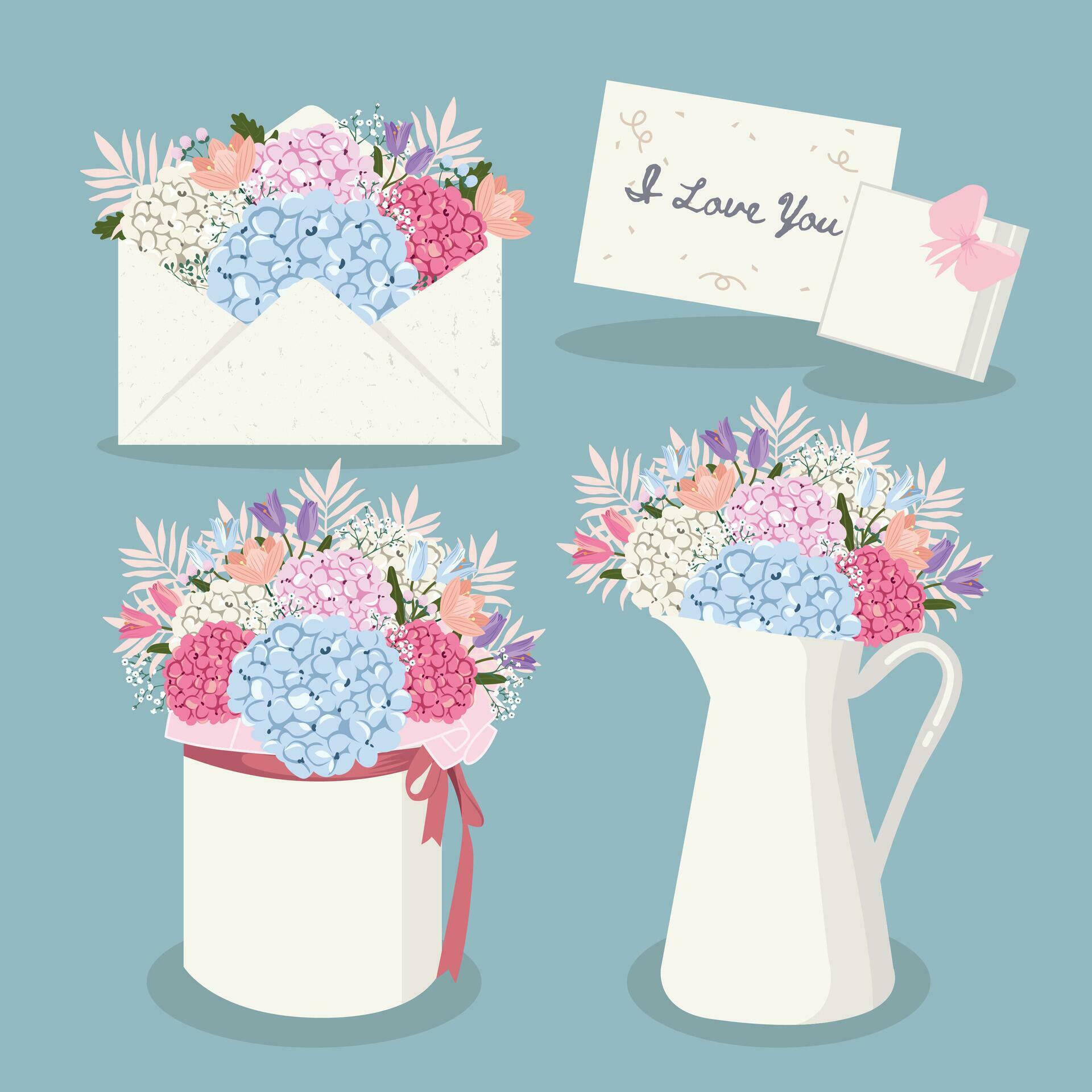 Set of gift bouquets with colorful flowers Stock Free