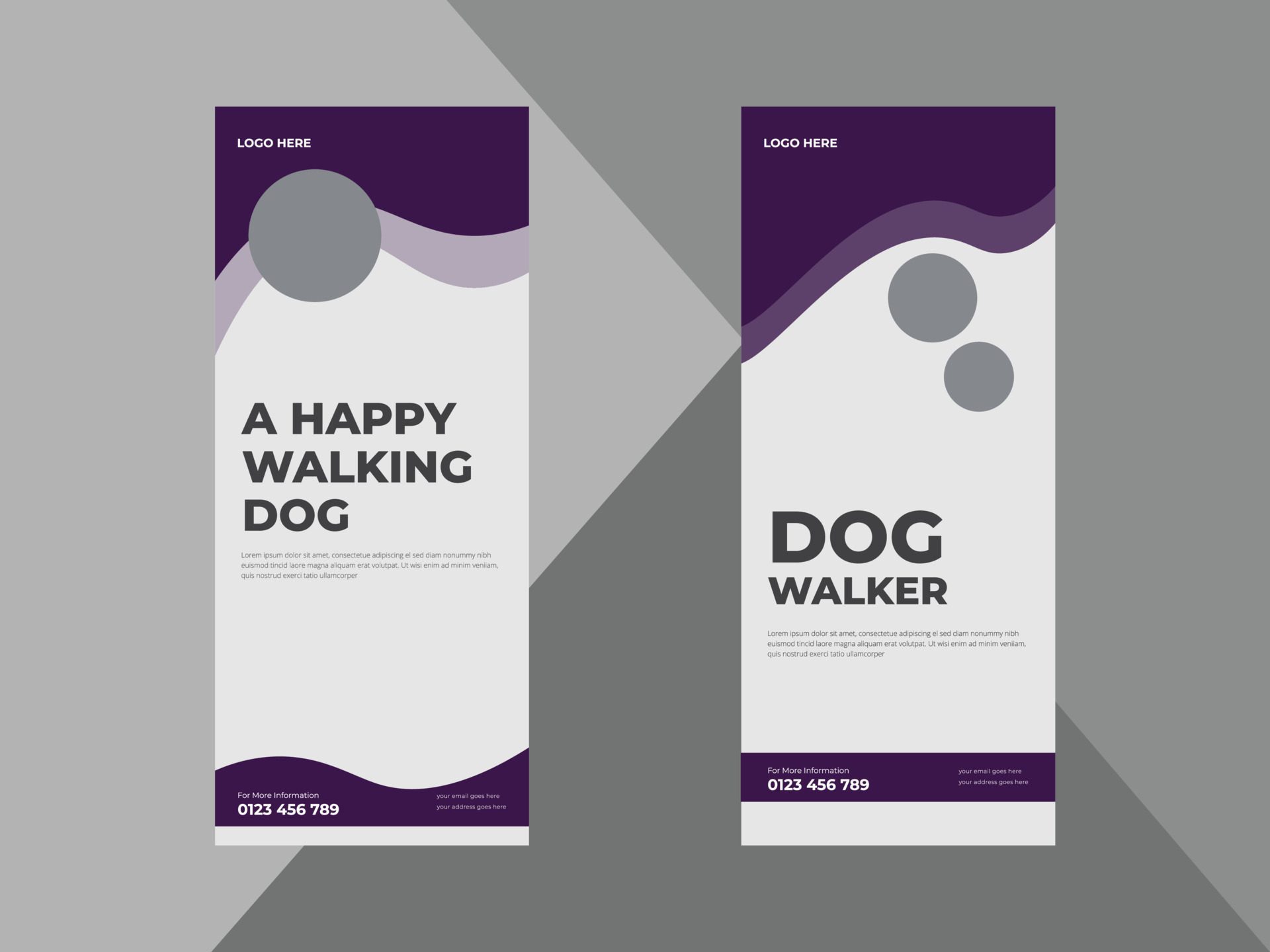 Dog walker service Roll Up Banner Design. Pet Walking service Poster leaflet design template bundle, flyer, poster, print-ready, Free Vector