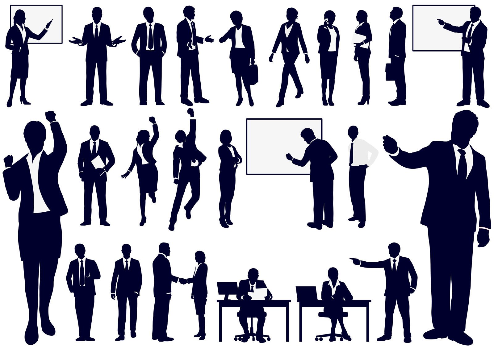 Set of business people in action silhouettes. Free Vector