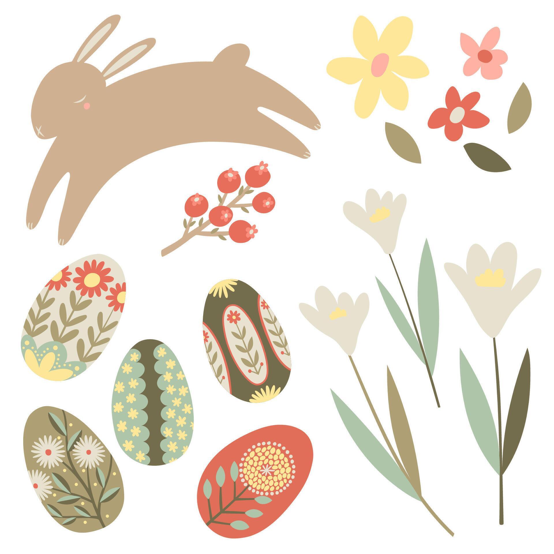 Happy easter vector illustration with eggs, bunny, flowers. Stock Free